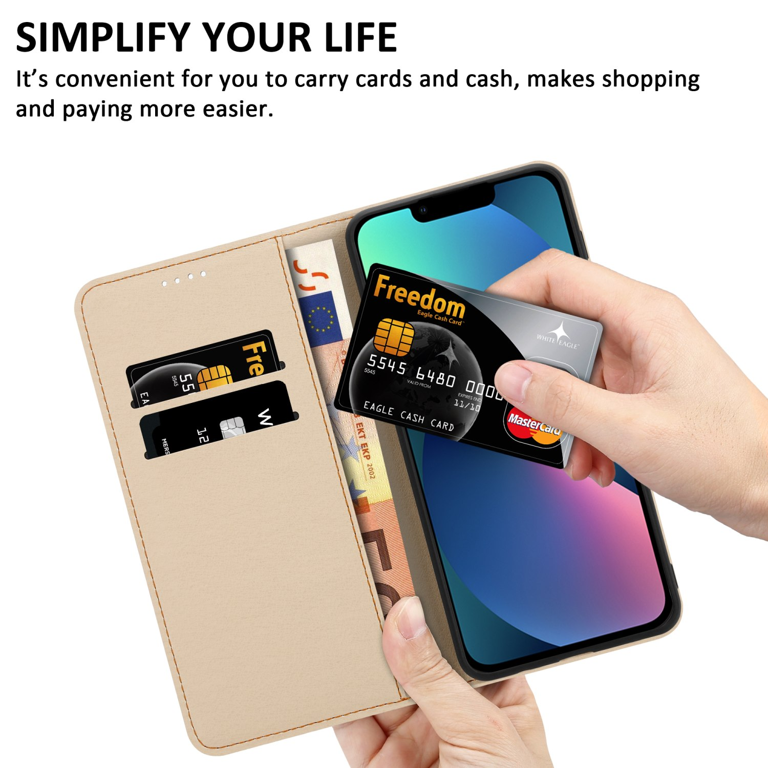 Custodia per telefono aperta, che mostra carte di credito e contanti all'interno. Una mano che tiene una carta di credito.