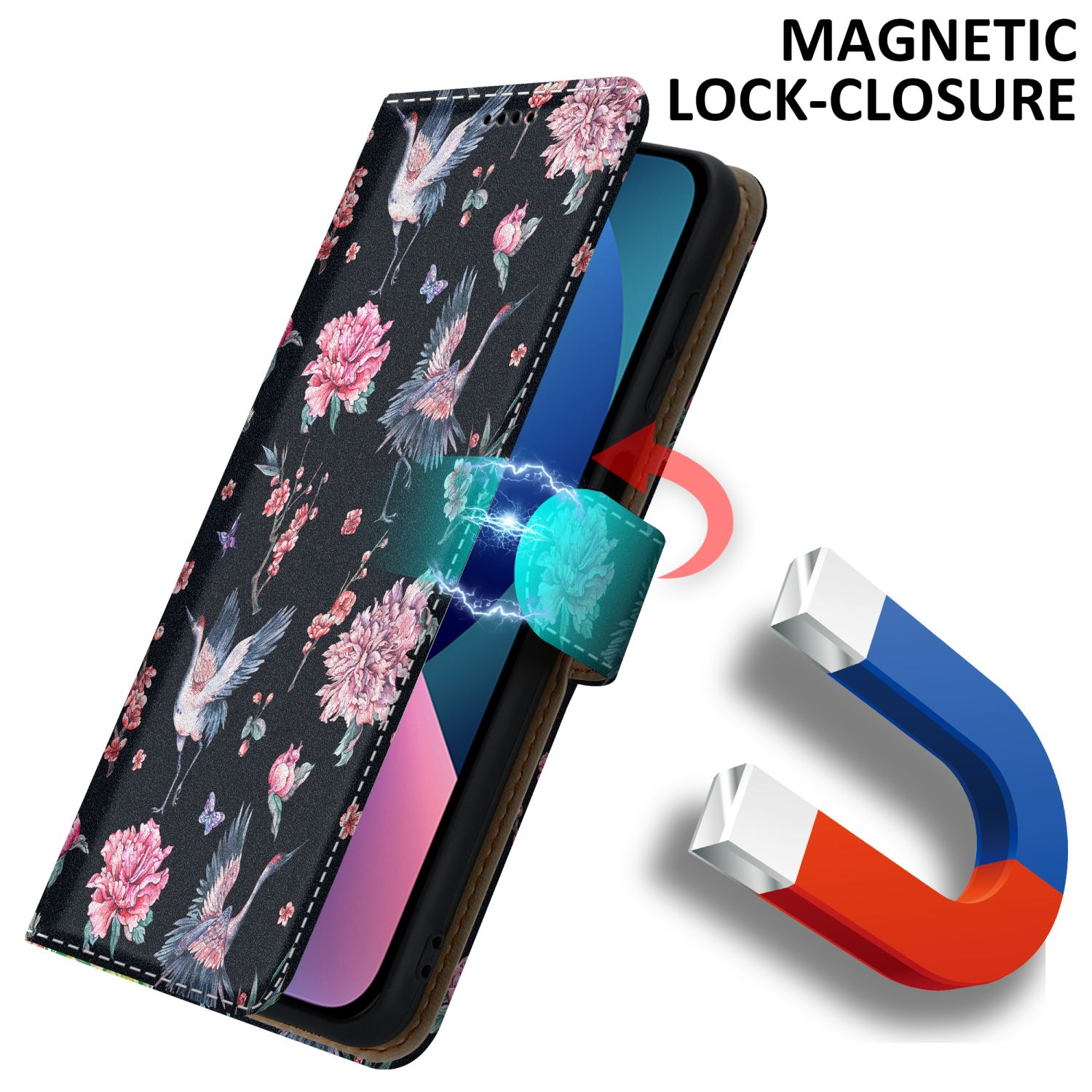 Custodia nera per telefono con motivo floreale e chiusura magnetica. Viene mostrato un magnete.