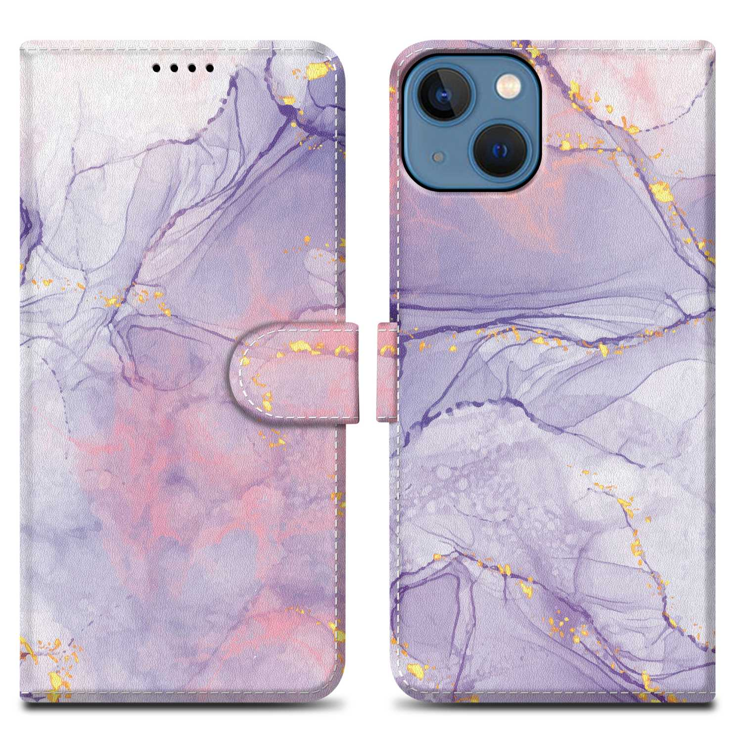 Lila Handyhülle mit Marmordesign und goldenen Akzenten. Geöffnet, Telefon zeigend.