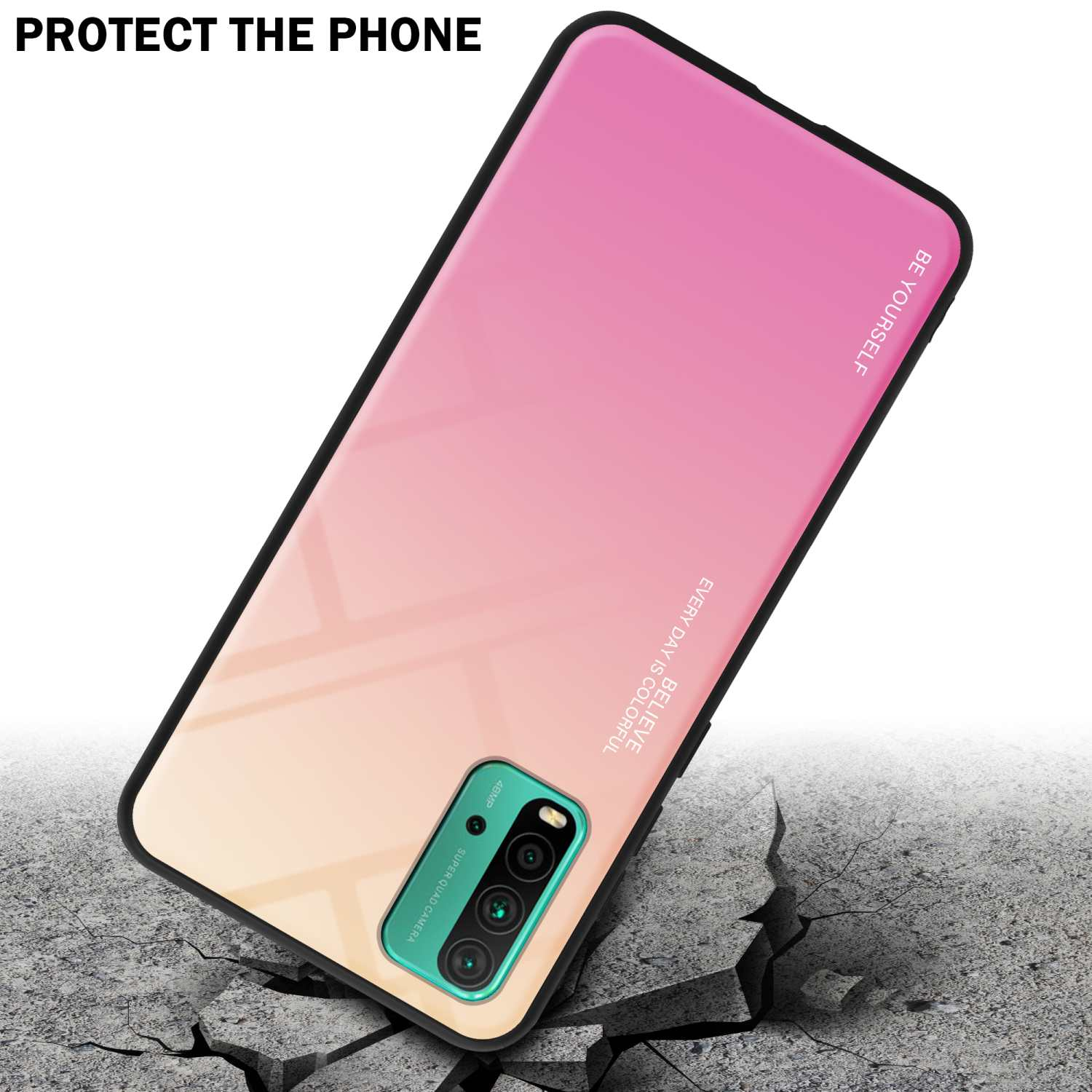 Una custodia per telefono con un design rosa e giallo sfumato, posizionata su una superficie incrinata. Il testo dice Proteggi il telefono.