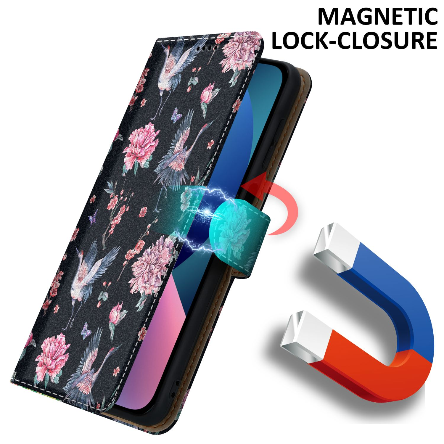 Geöffnete Handyhülle, floraler Druck mit Kranich und Blumen. Magnetverschluss. Magnet sichtbar.