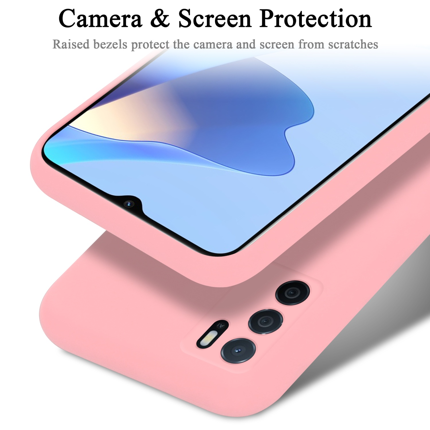 Rosa Handyhülle mit Telefon innen. Text: Kamera- und Bildschirmschutz.