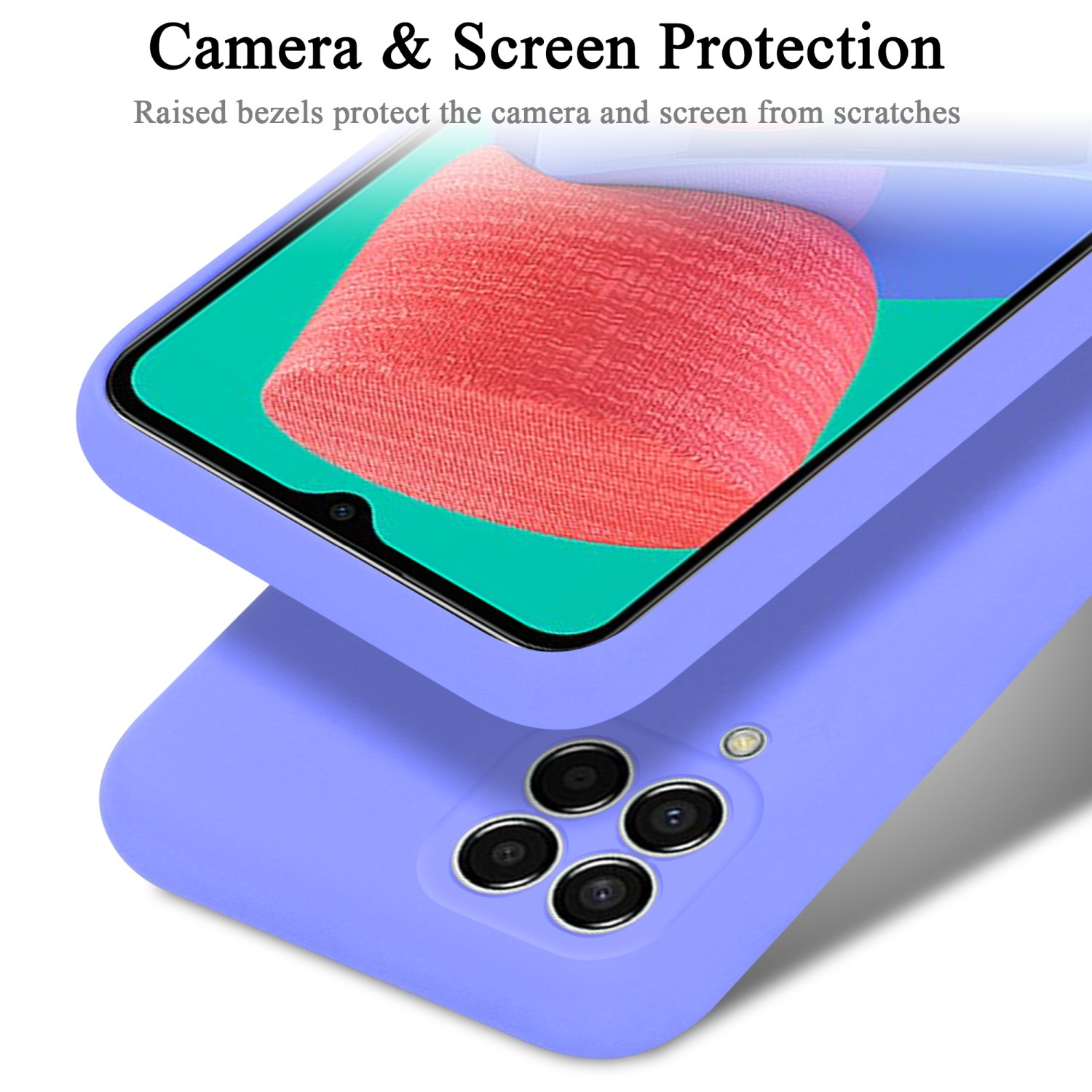 Eine hellviolette Handyhülle mit einem Telefon. Der Bildschirm zeigt ein rotes Design.