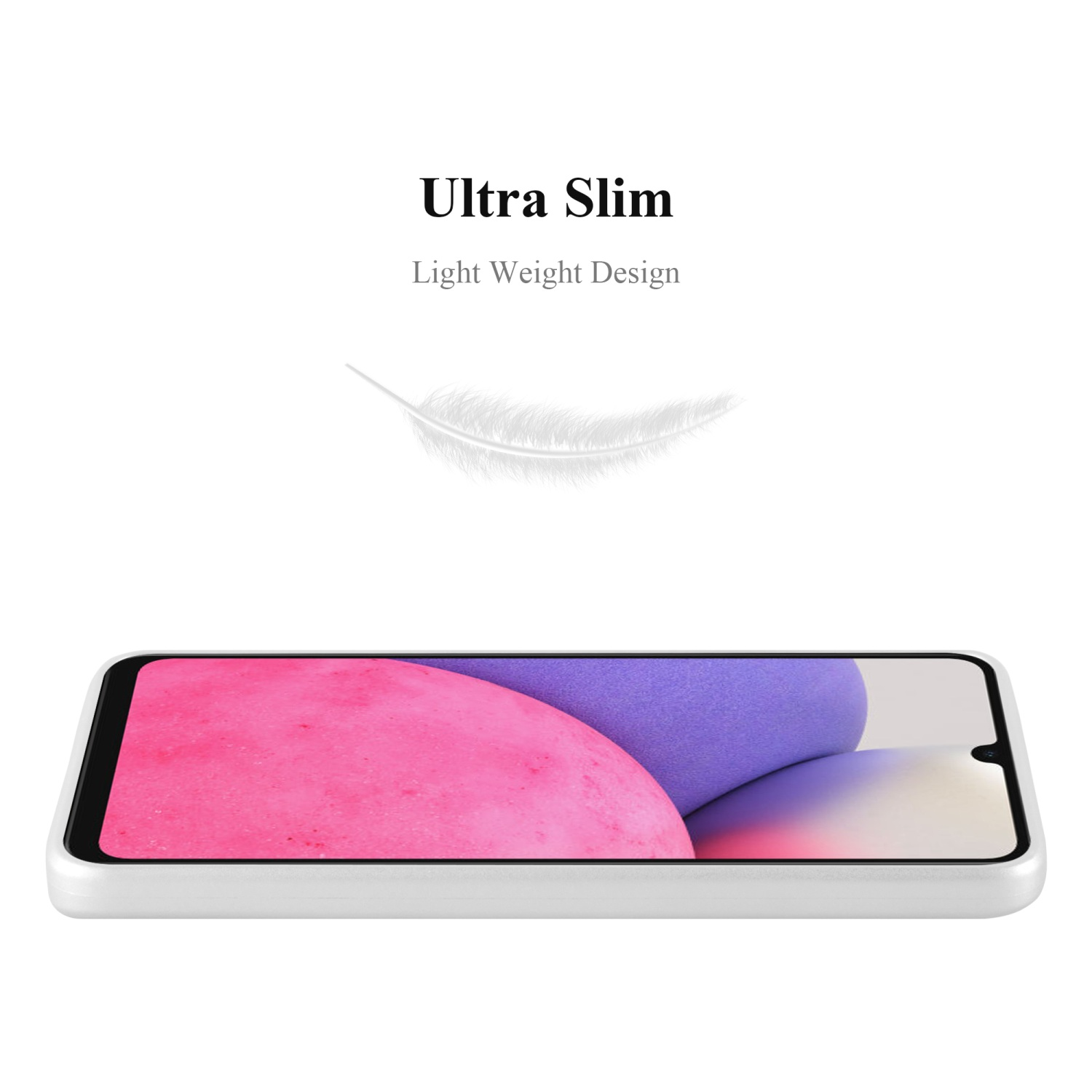 Weißes Handycase mit Telefon darin. Text: ultra schlank, leichtes Design. Eine weiße Feder ist abgebildet.