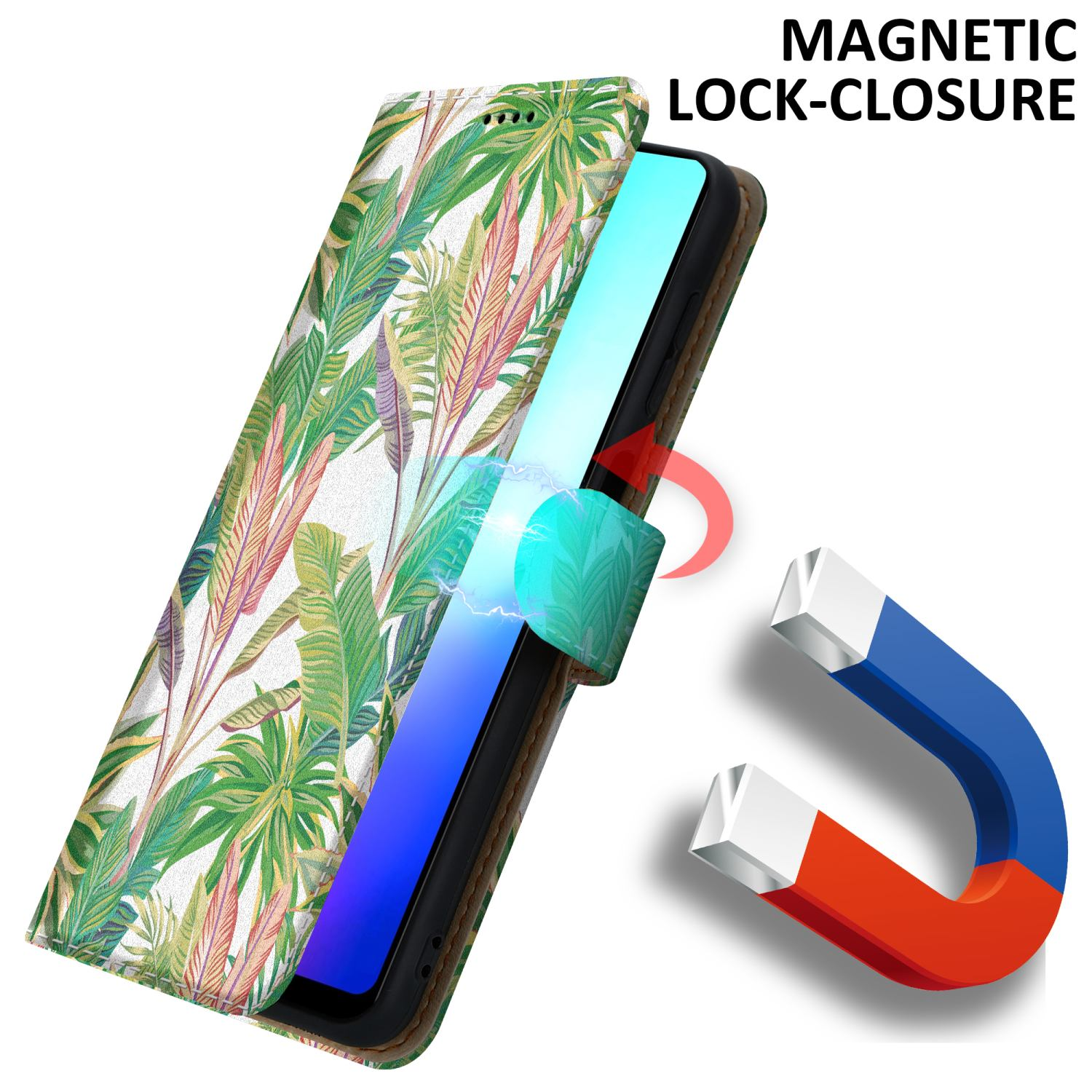 Una custodia per telefono con un design floreale, con un magnete e uno schermo del telefono visibile.