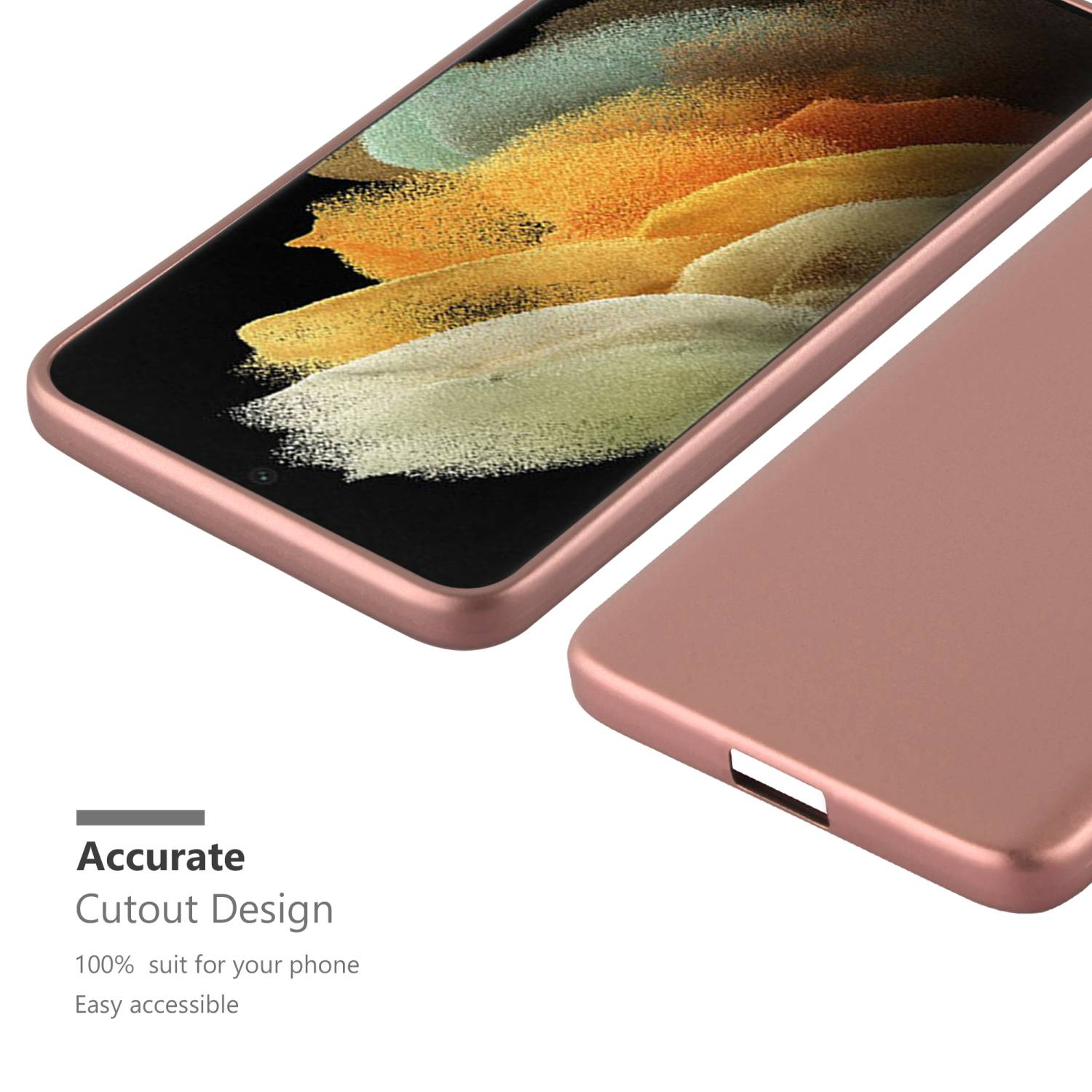 Custodia per telefono color oro rosa, che mostra un telefono parzialmente all'interno con un ritaglio per fotocamera e pulsanti.