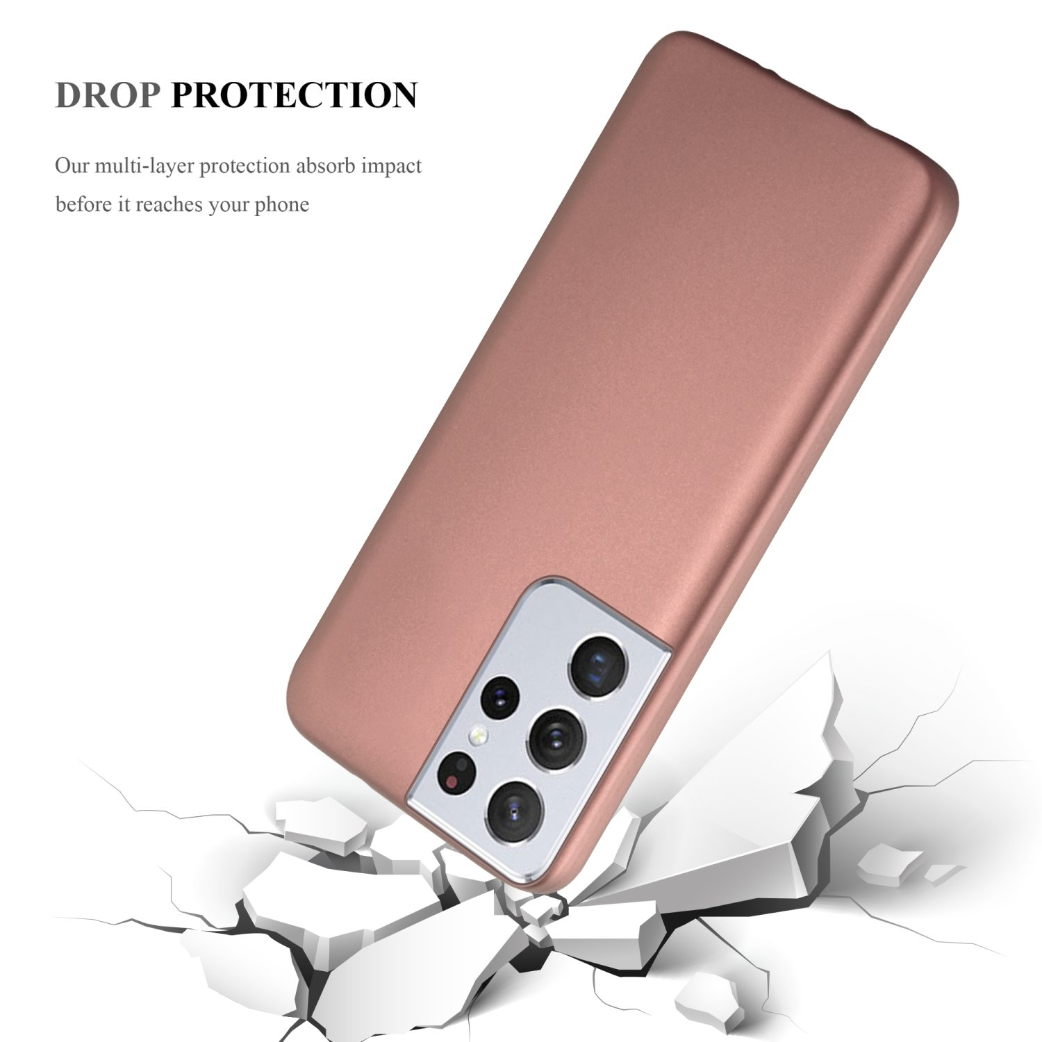 Custodia per telefono color oro rosa con telefono, crepe sul pavimento, sfondo bianco.