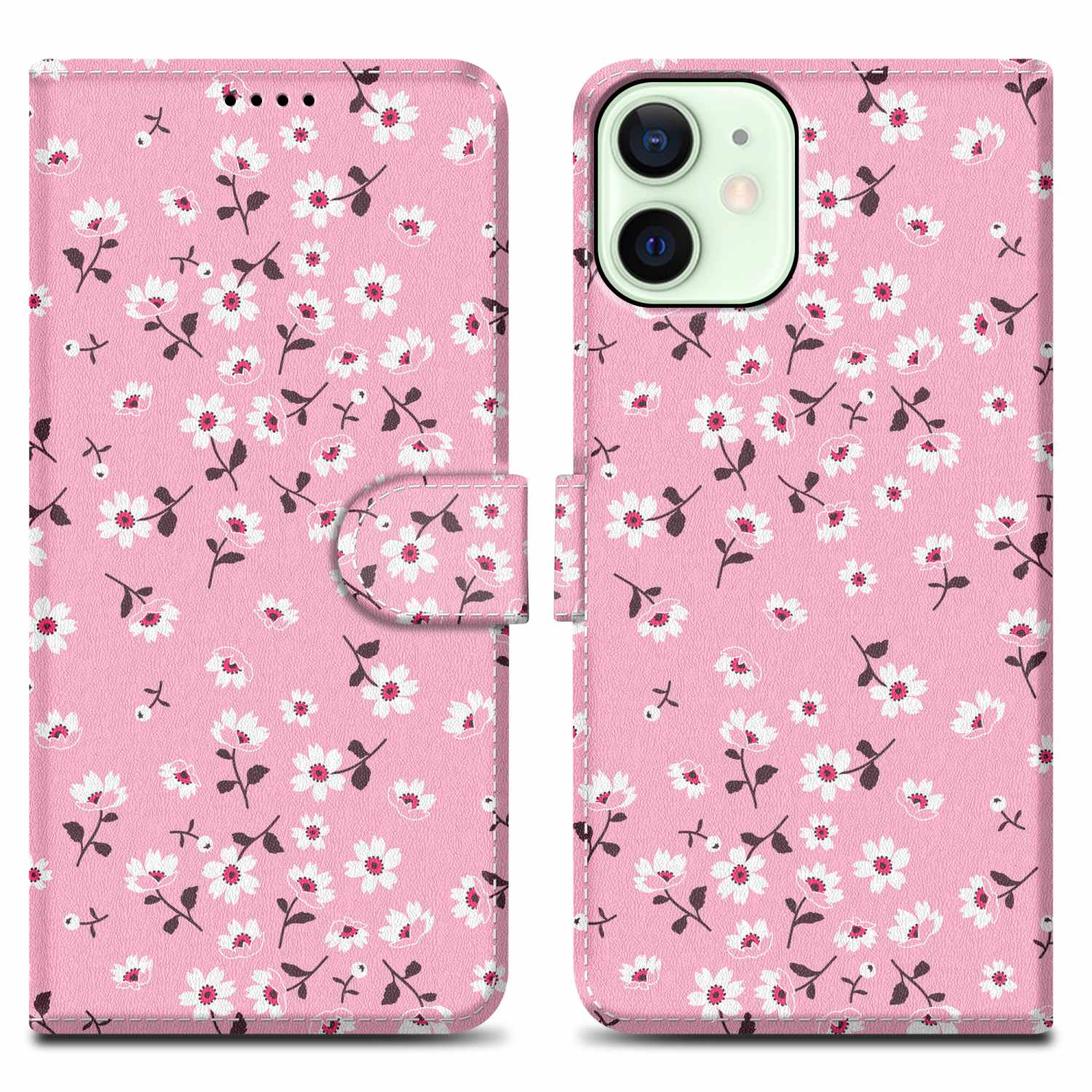 Custodia per telefono rosa con fiori bianchi su sfondo bianco.
