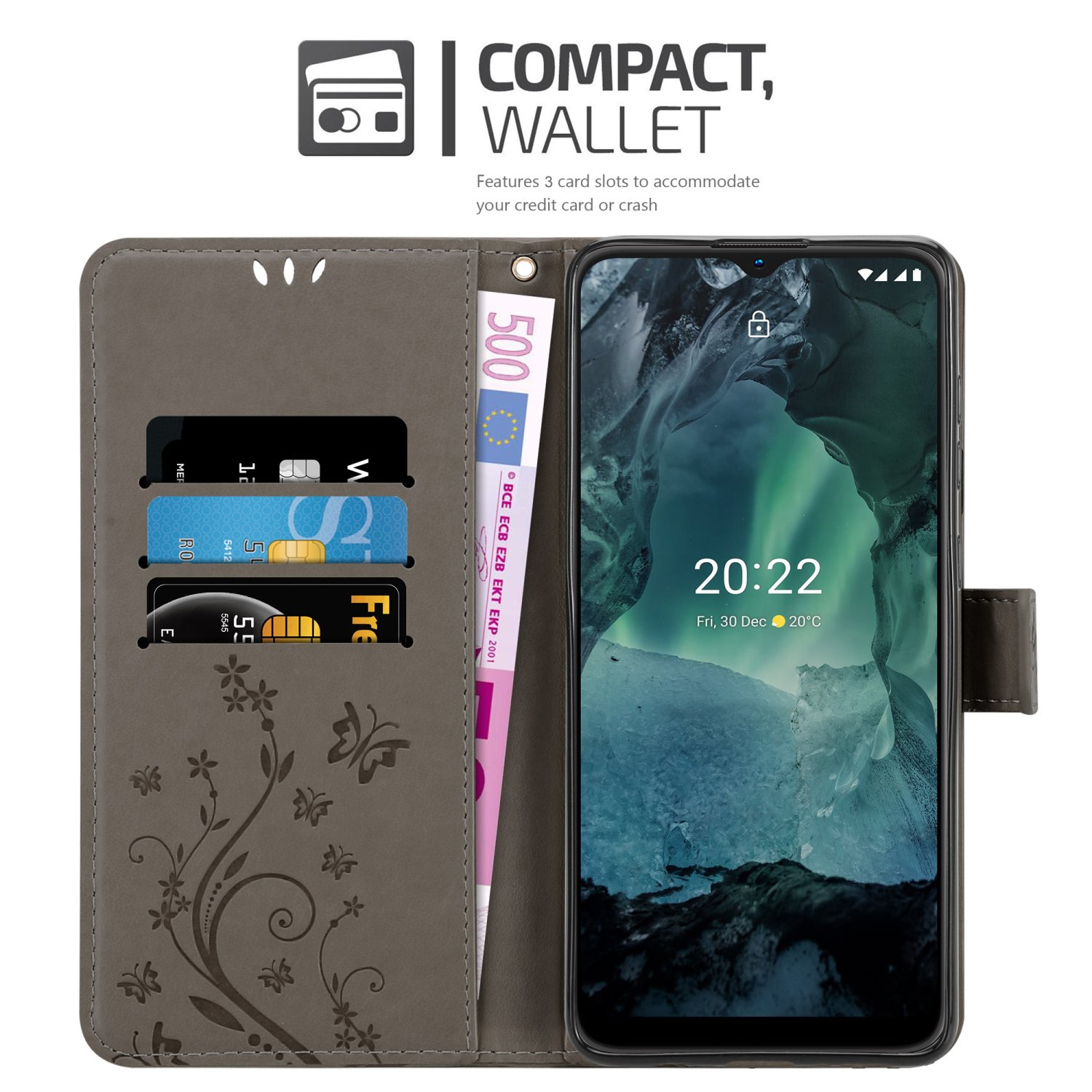 Custodia del telefono, aperta. Telefono, carte e denaro nella custodia. Design floreale. Testo portafoglio compatto e ora visualizzata sullo schermo.