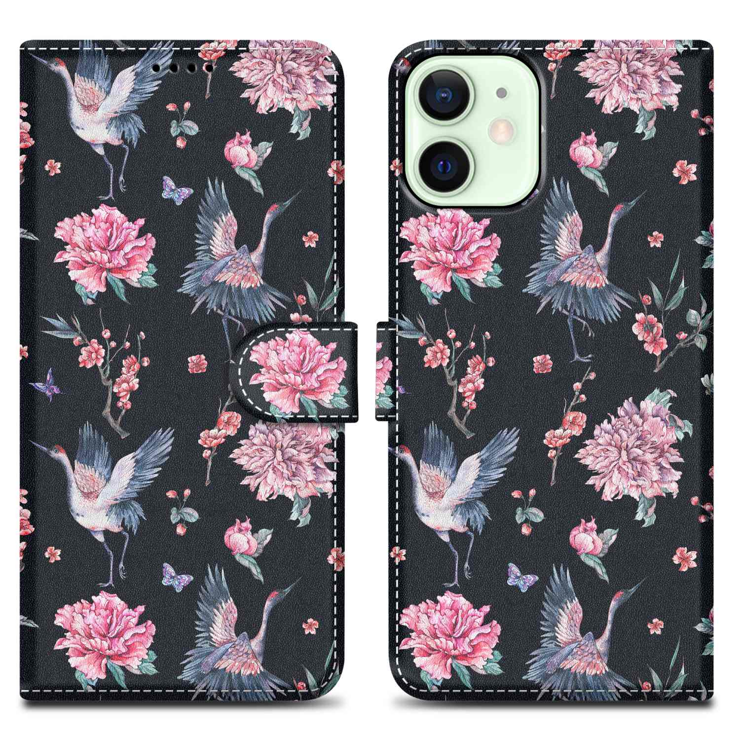 Custodia per telefono con gru e fiori. Sfondo nero. Cuciture bianche. Sfondo bianco.