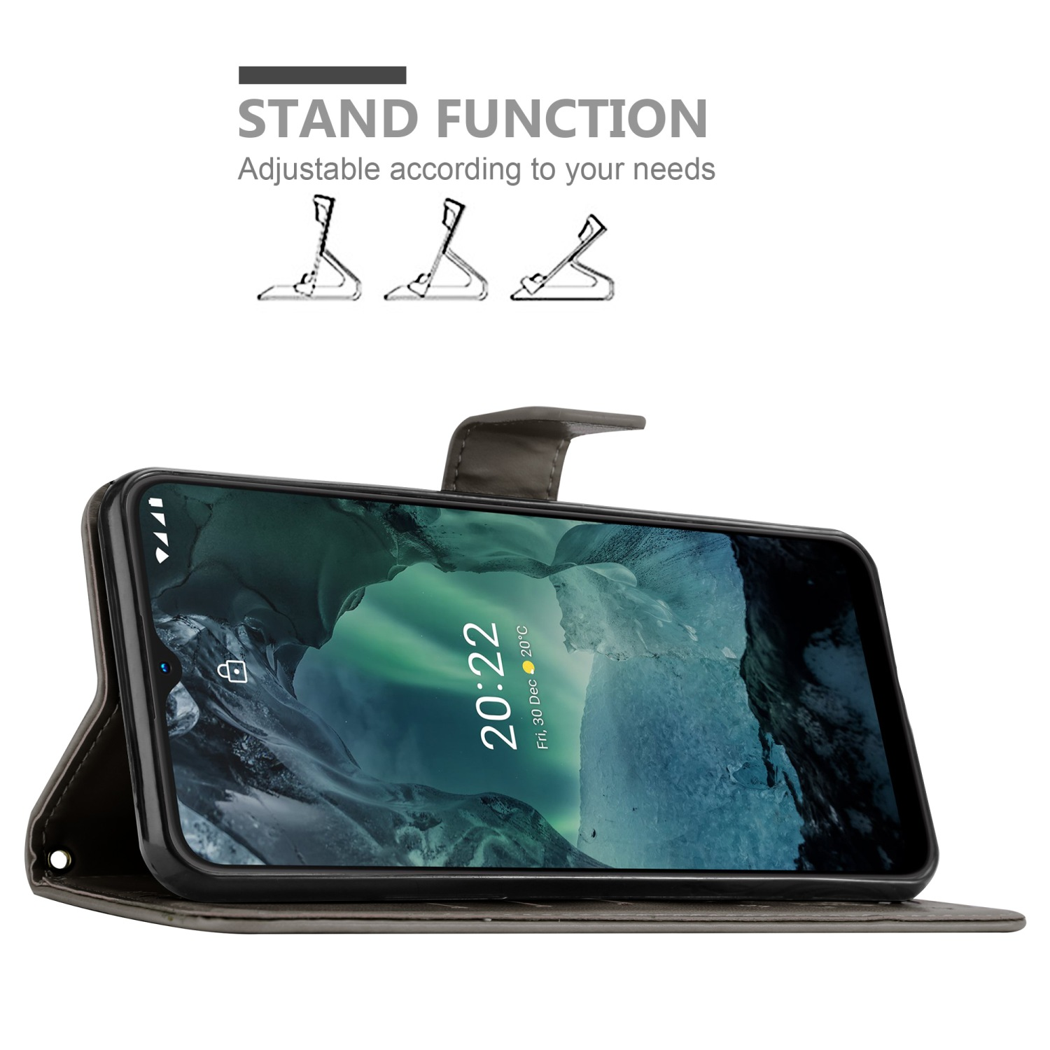 Una custodia per telefono con un telefono all'interno, in piedi. Testo: STAND FUNCTION, Adjustable according to your needs.