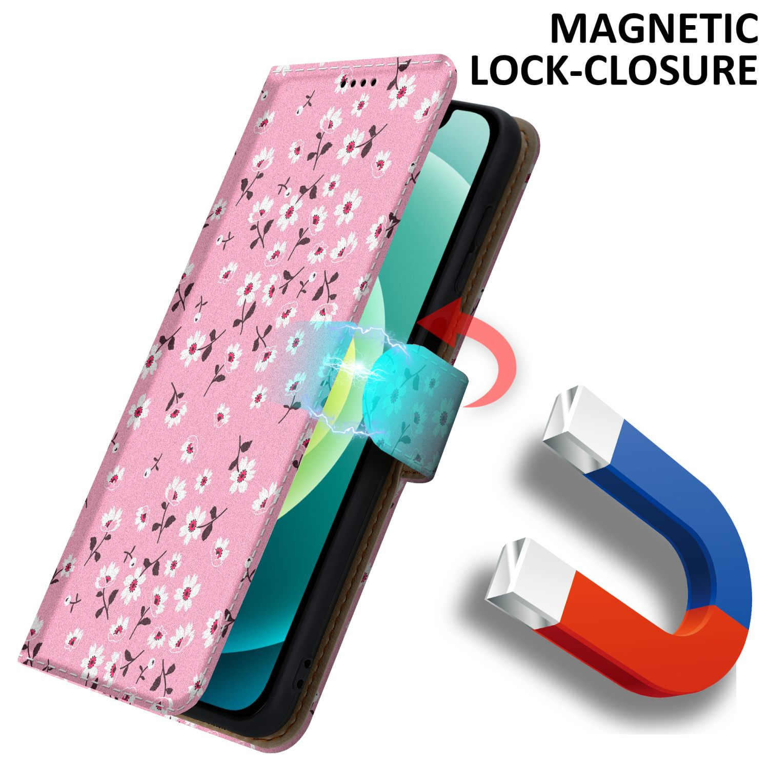 Una custodia per telefono rosa con un motivo floreale bianco. Il telefono è all'interno, con chiusura magnetica.