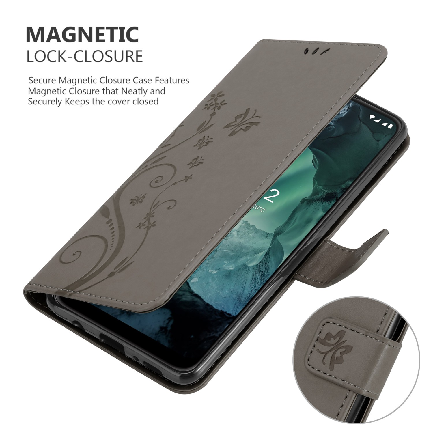 Una custodia per telefono con un design floreale. La custodia è aperta, mostrando lo schermo del telefono.