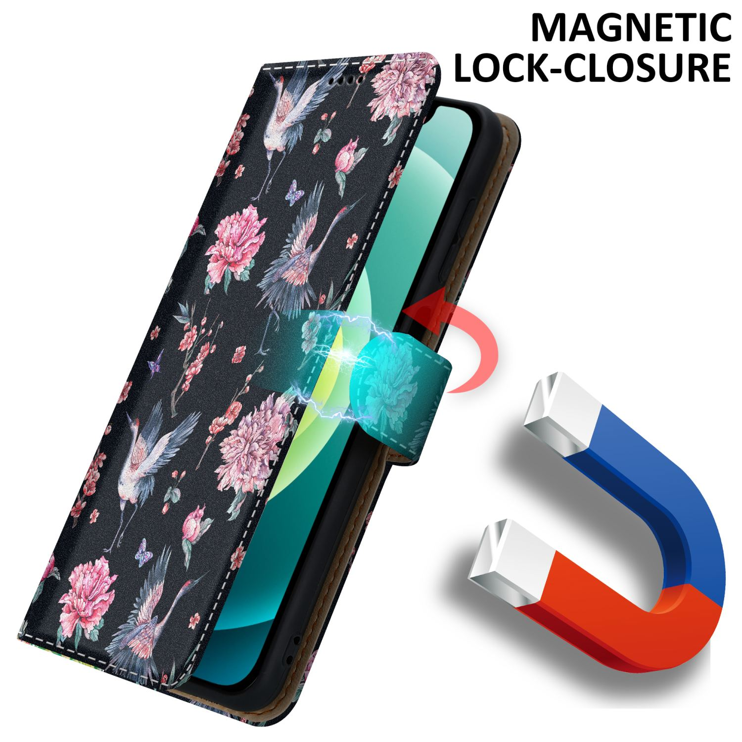 Custodia per telefono con gru, fiori e farfalle. Dettaglio chiusura magnetica. Magnete mostrato.