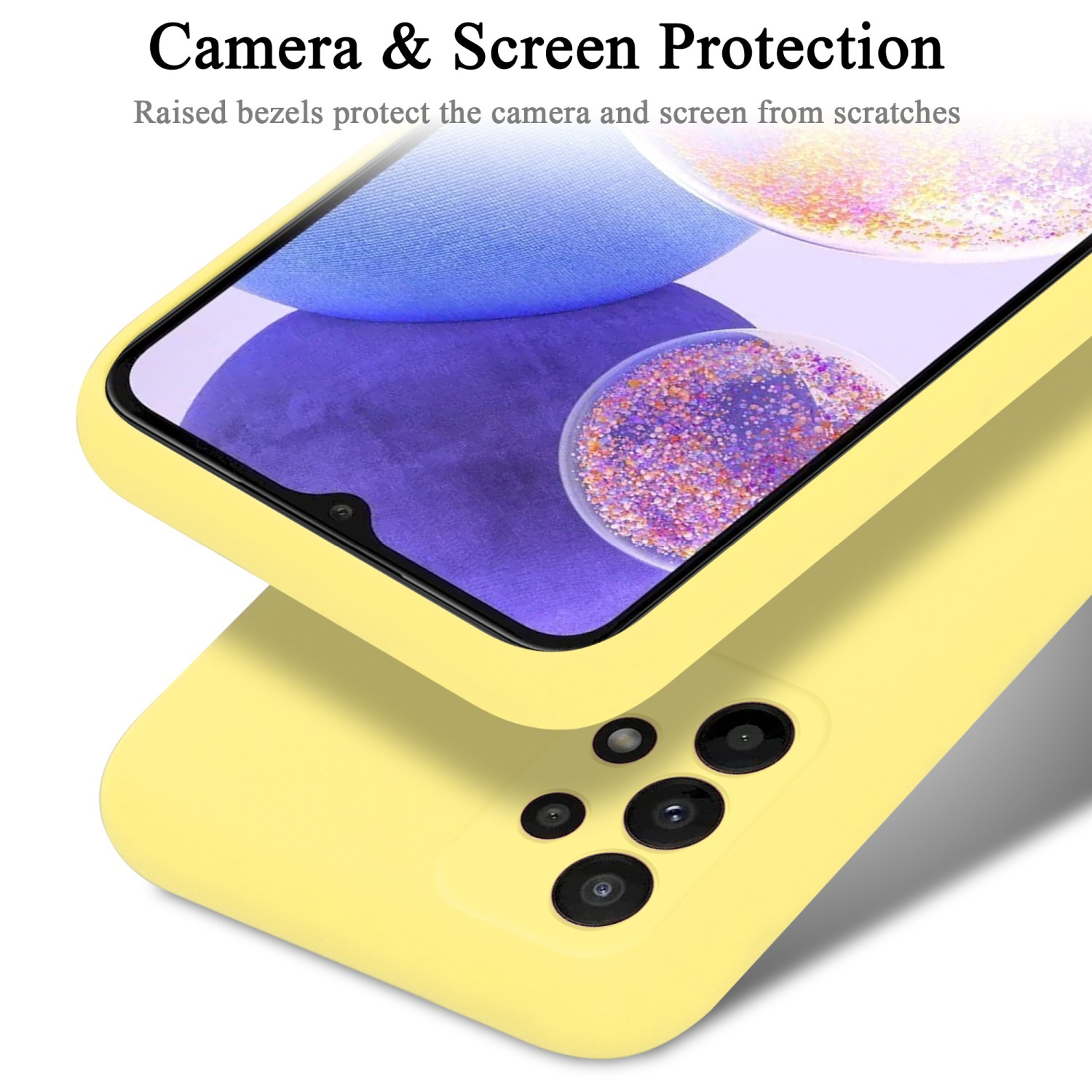 Una custodia gialla per telefono con un telefono all'interno, che mostra la sua fotocamera e lo schermo.