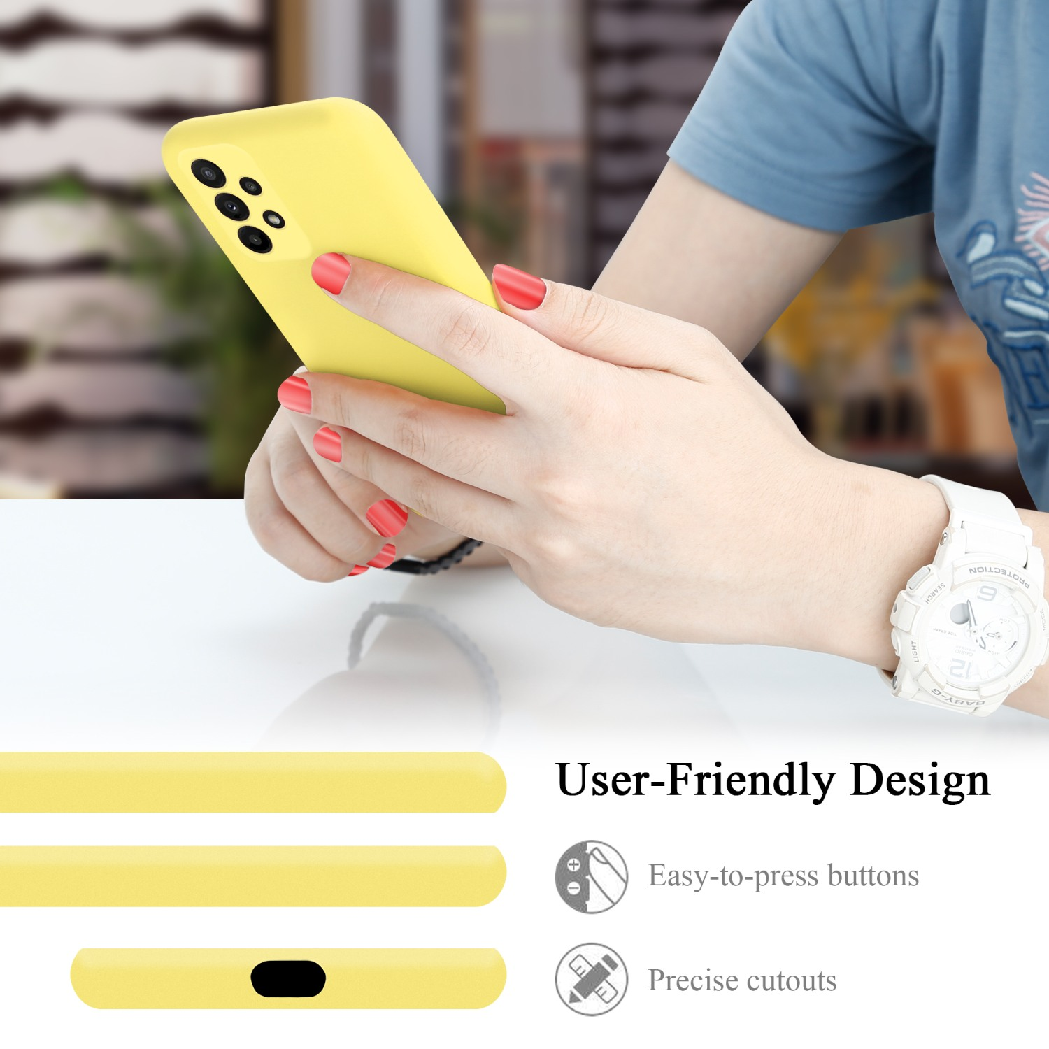 Una persona che tiene in mano un telefono giallo. Il telefono ha una custodia gialla ed è vicino ai pulsanti.