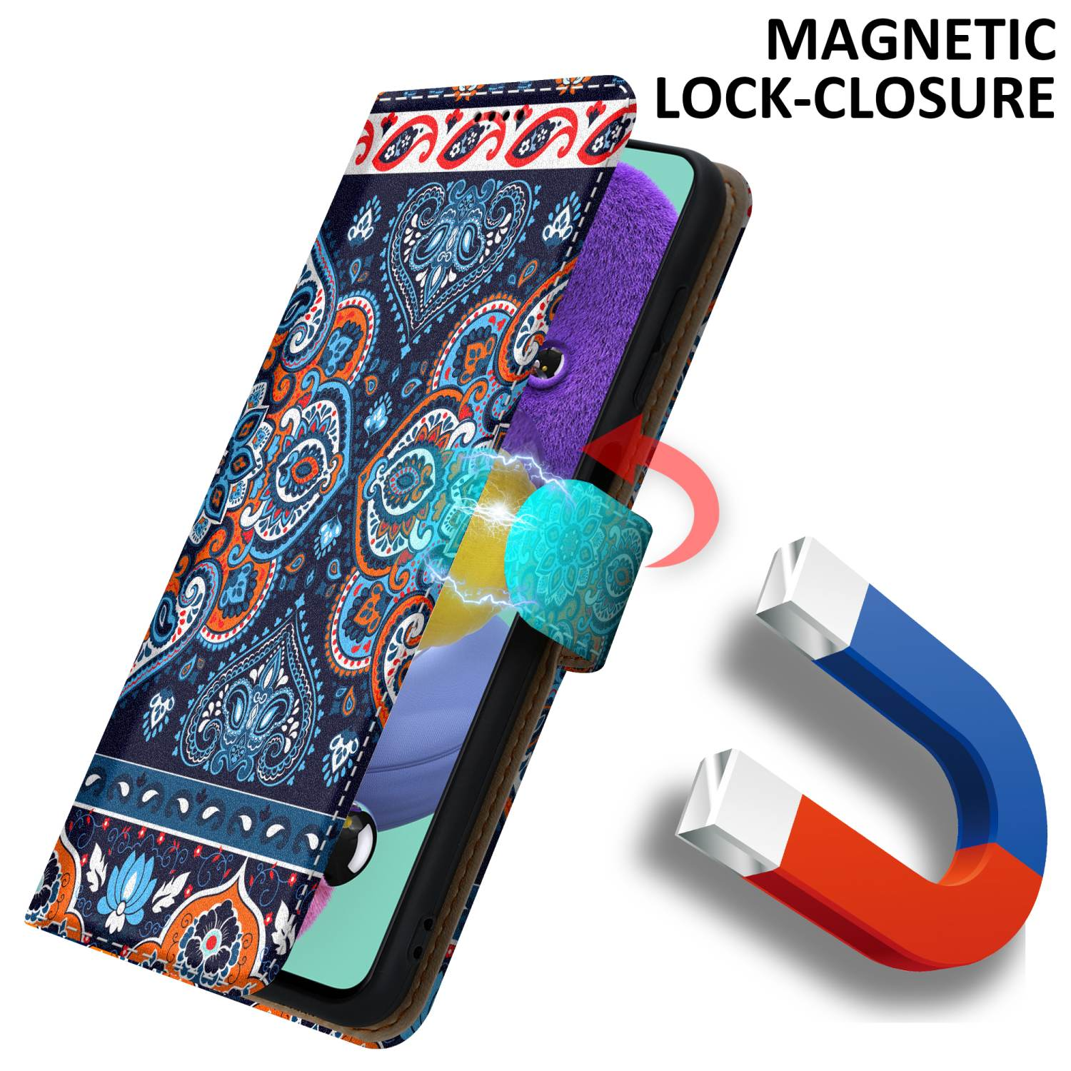 Custodia del telefono aperta, che mostra il telefono. Design floreale, chiusura magnetica. Colori rosso e blu.