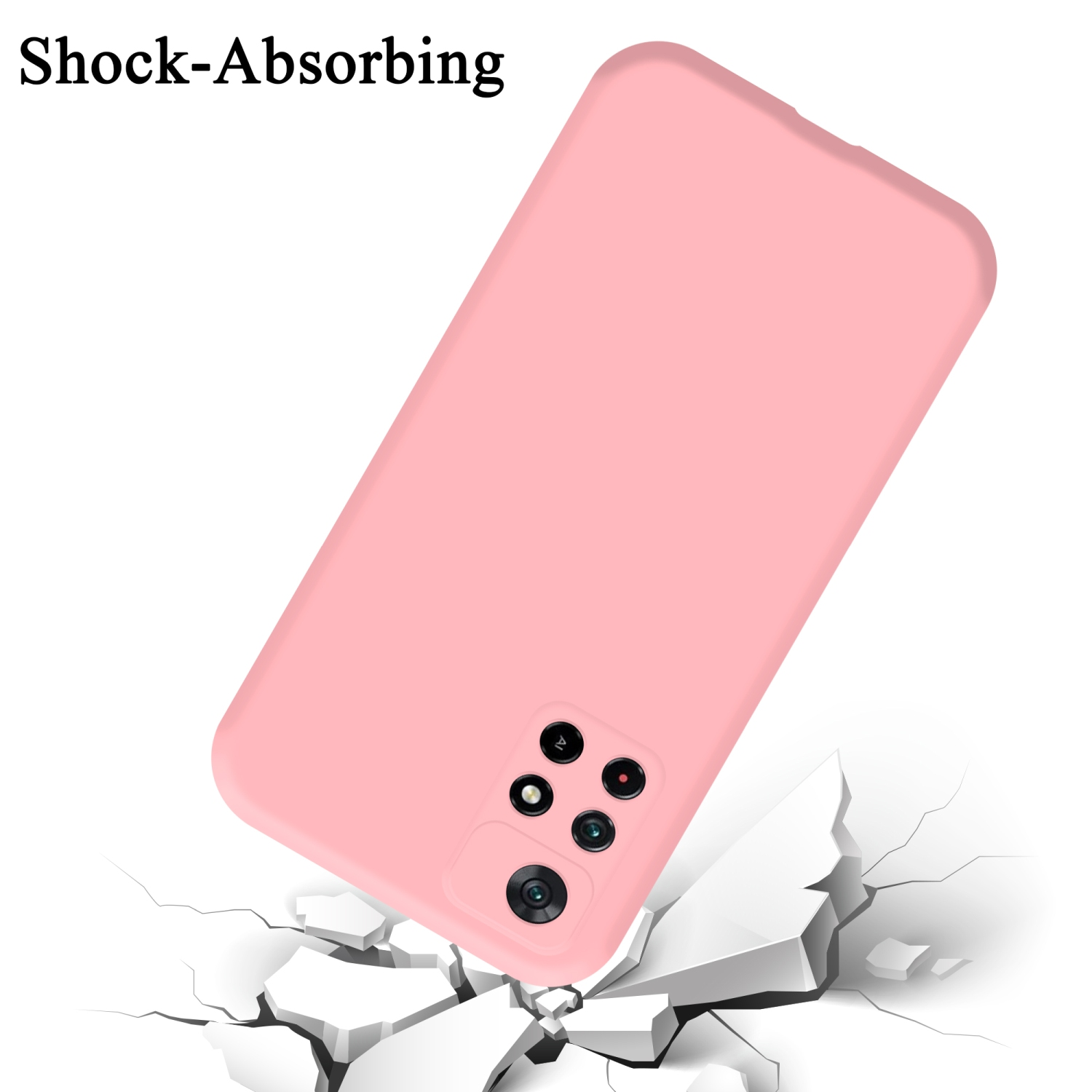 Custodia rosa con telefono, cade su cemento rotto. Antiurto.