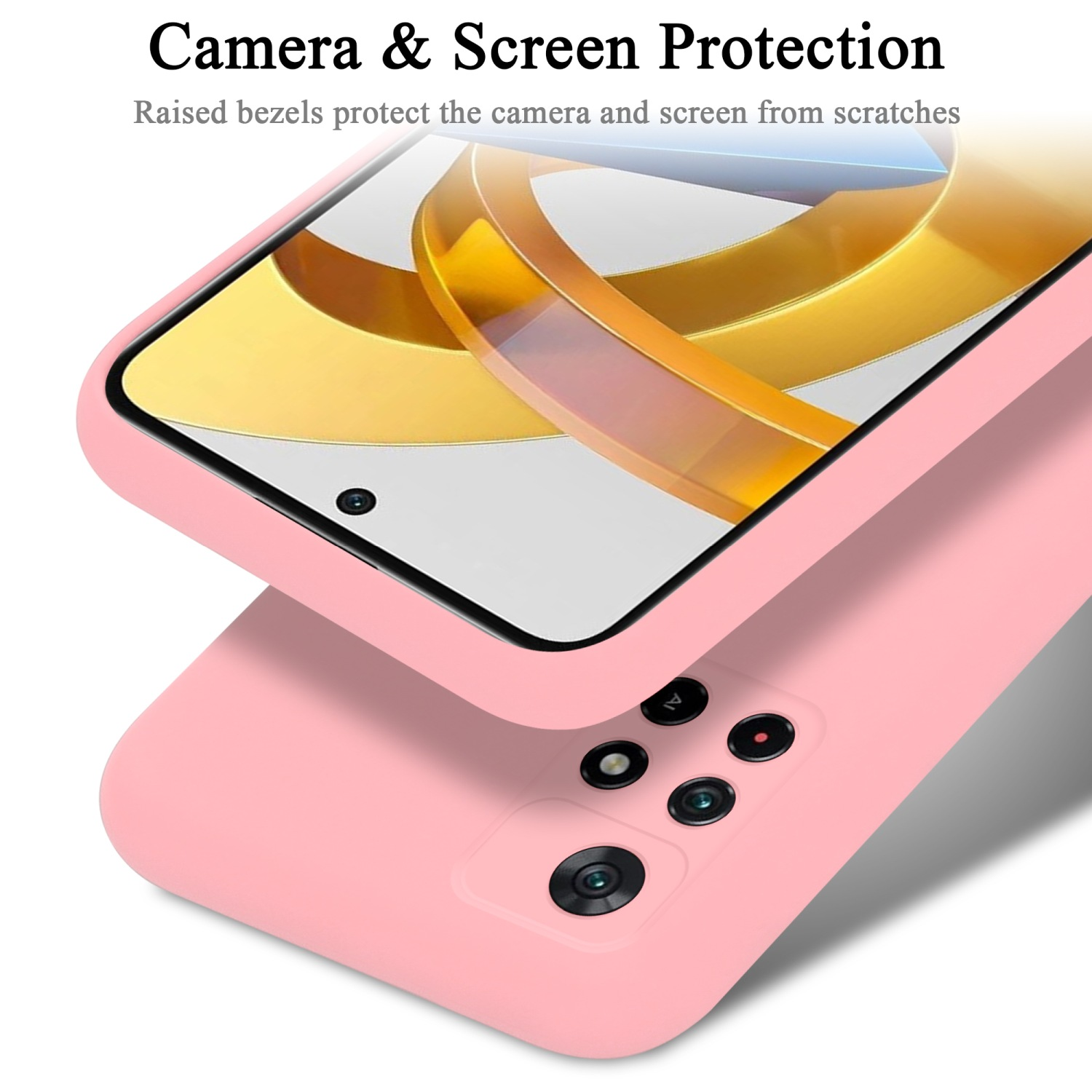 Una custodia per telefono rosa protegge un telefono, con il testo Protezione fotocamera e schermo. Il telefono è sopra la custodia.