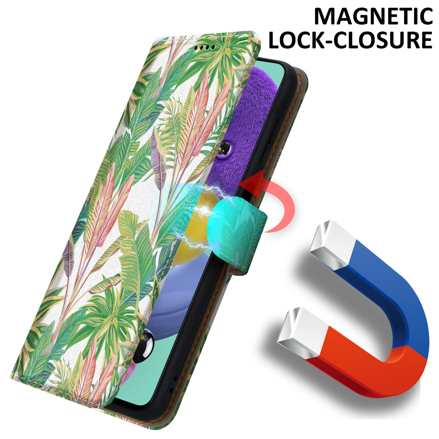 Custodia per telefono aperta con un design a foglie. Chiusura magnetica e un'icona a magnete accanto.