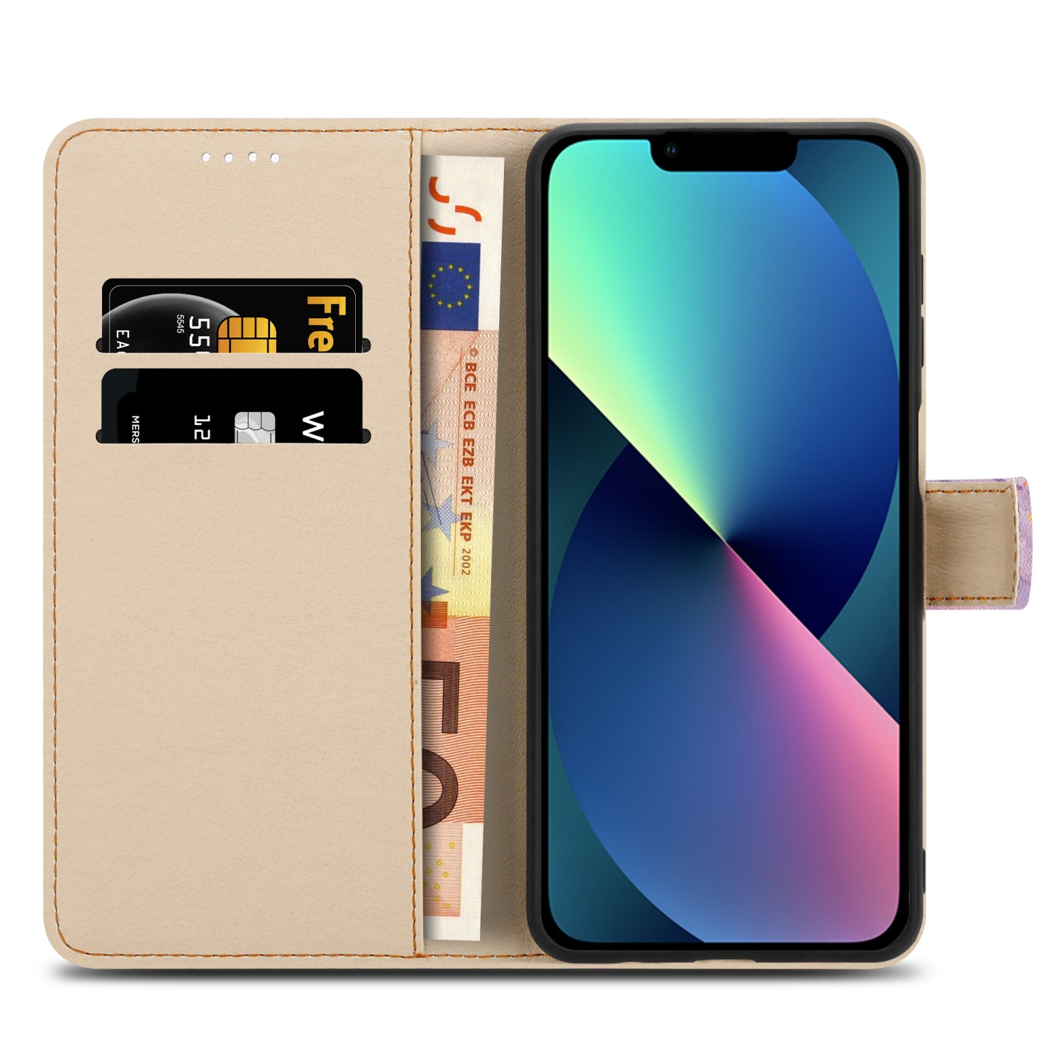 Custodia beige per telefono aperta con telefono, carte e denaro. Banconote in euro visibili.
