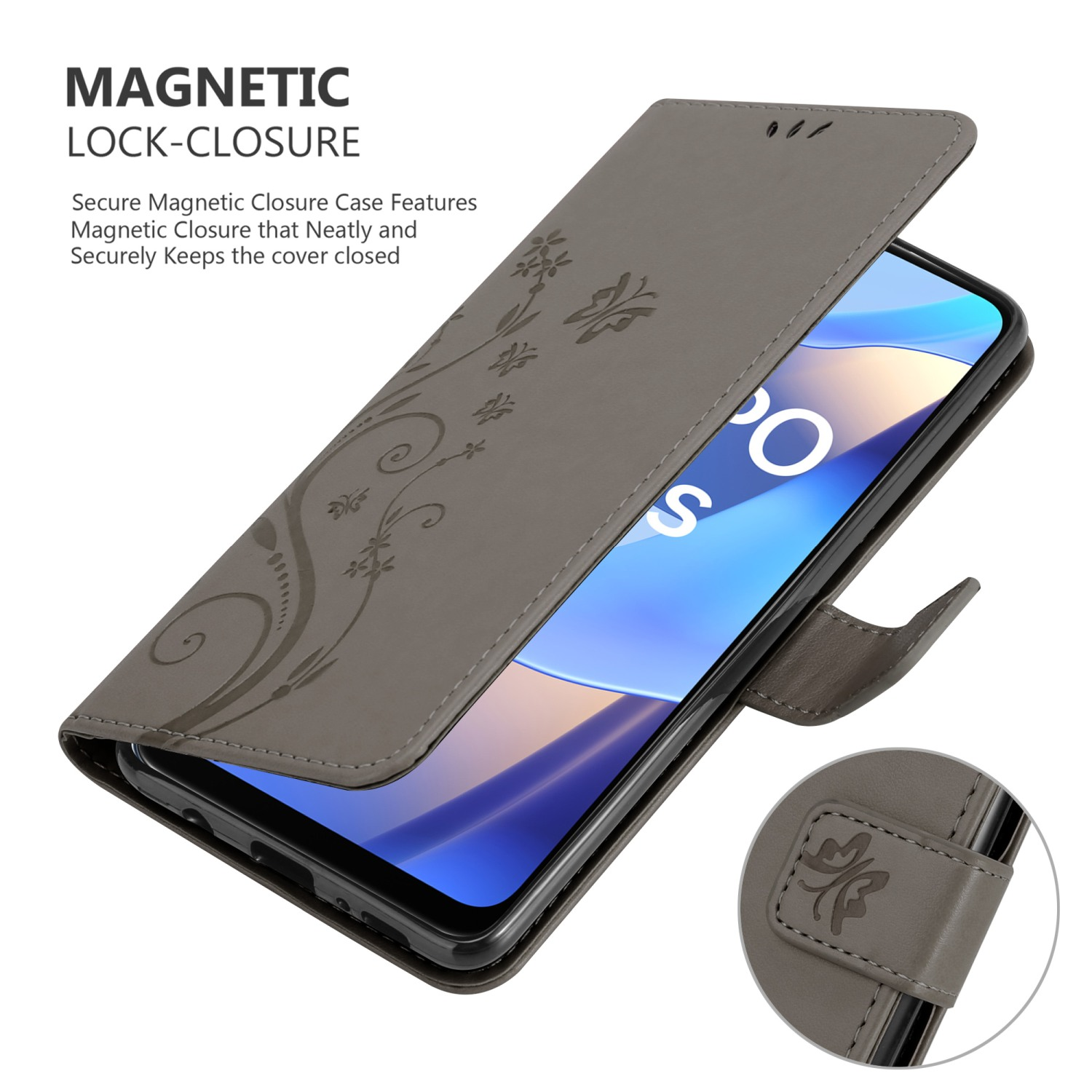 Custodia grigia aperta, con design floreale, che mostra lo schermo del telefono. Chiusura magnetica.