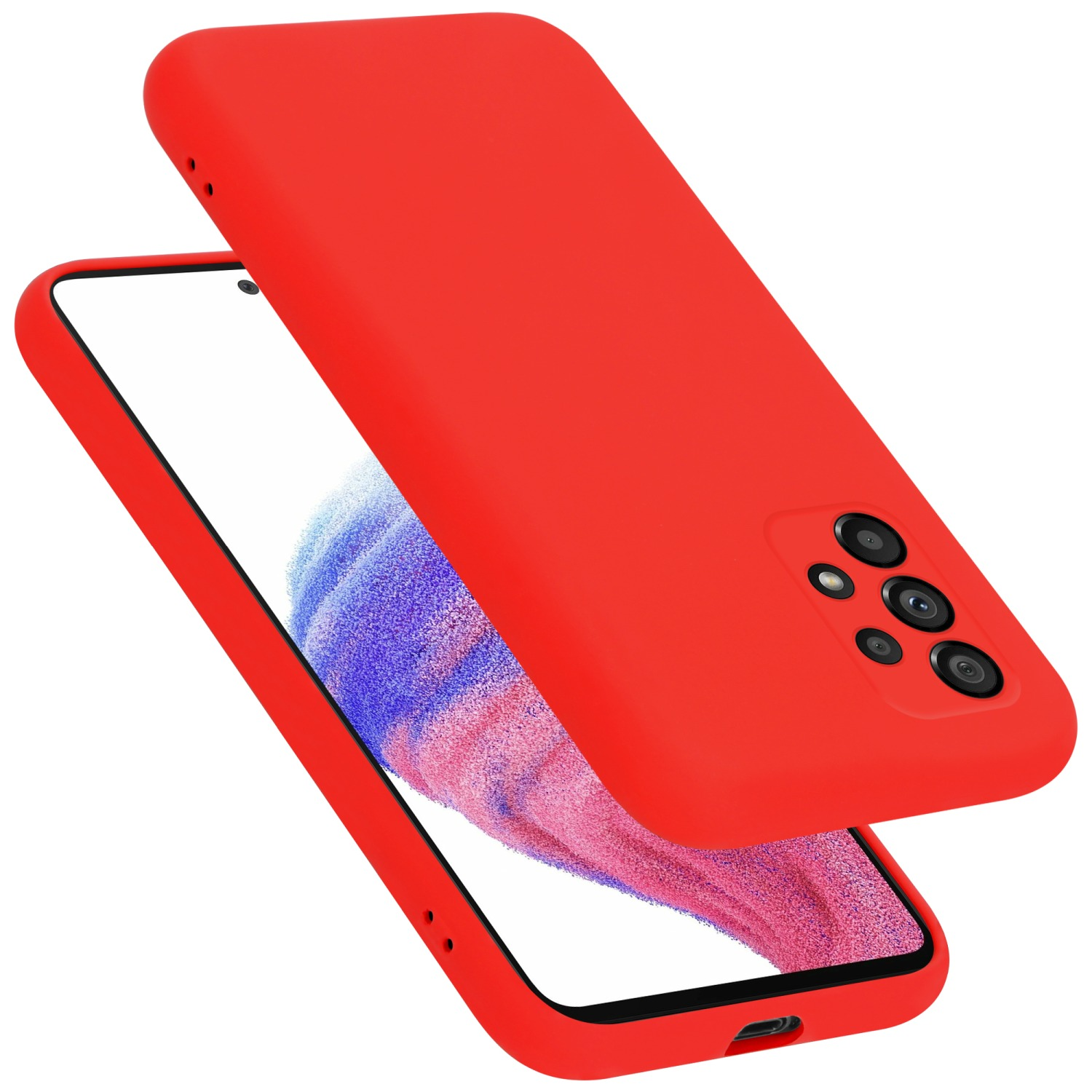 Rote Handyhülle und Telefon. Telefon ist sichtbar. Hülle liegt oben.