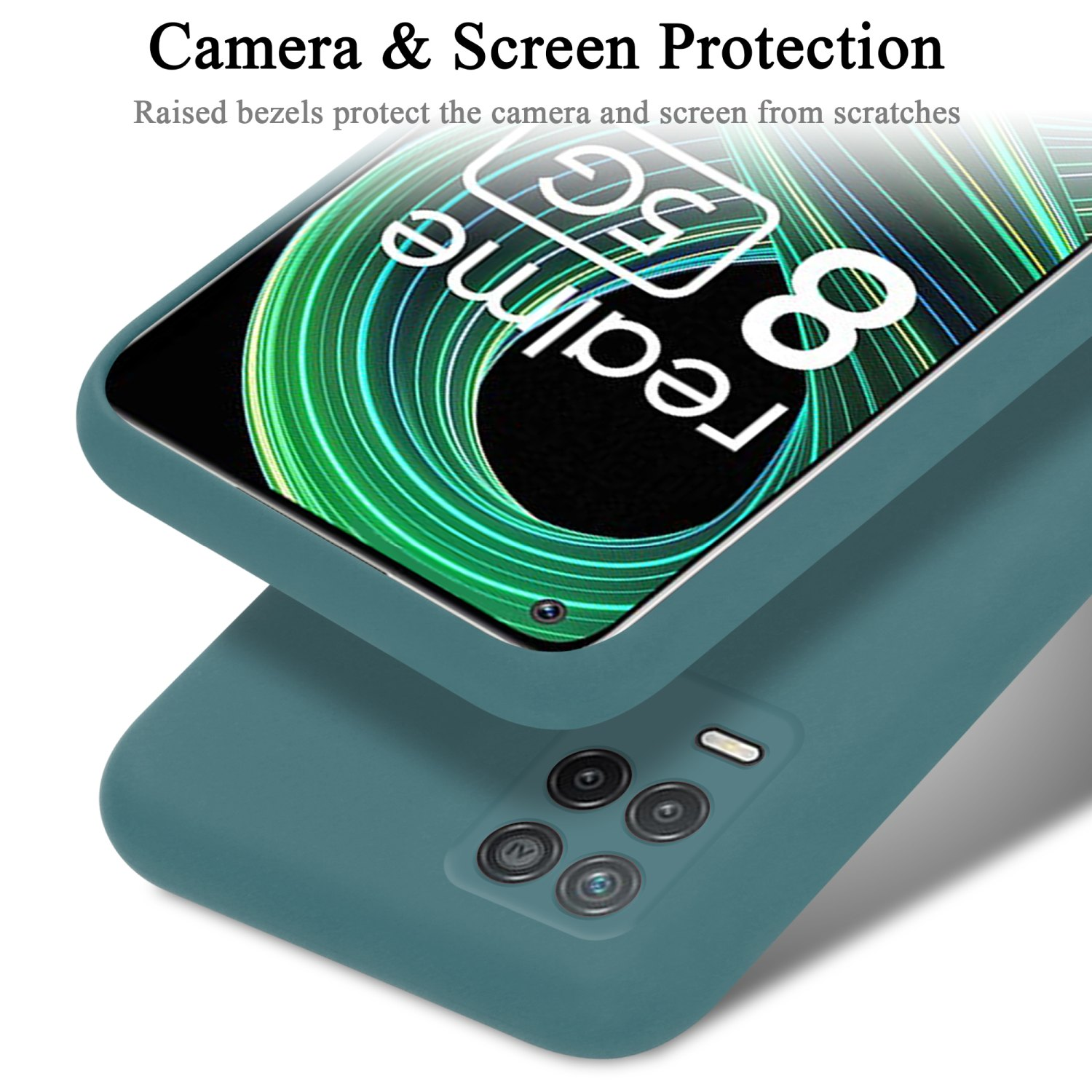 Custodia per telefono verde con telefono inserito. La custodia protegge la fotocamera e lo schermo dai graffi.