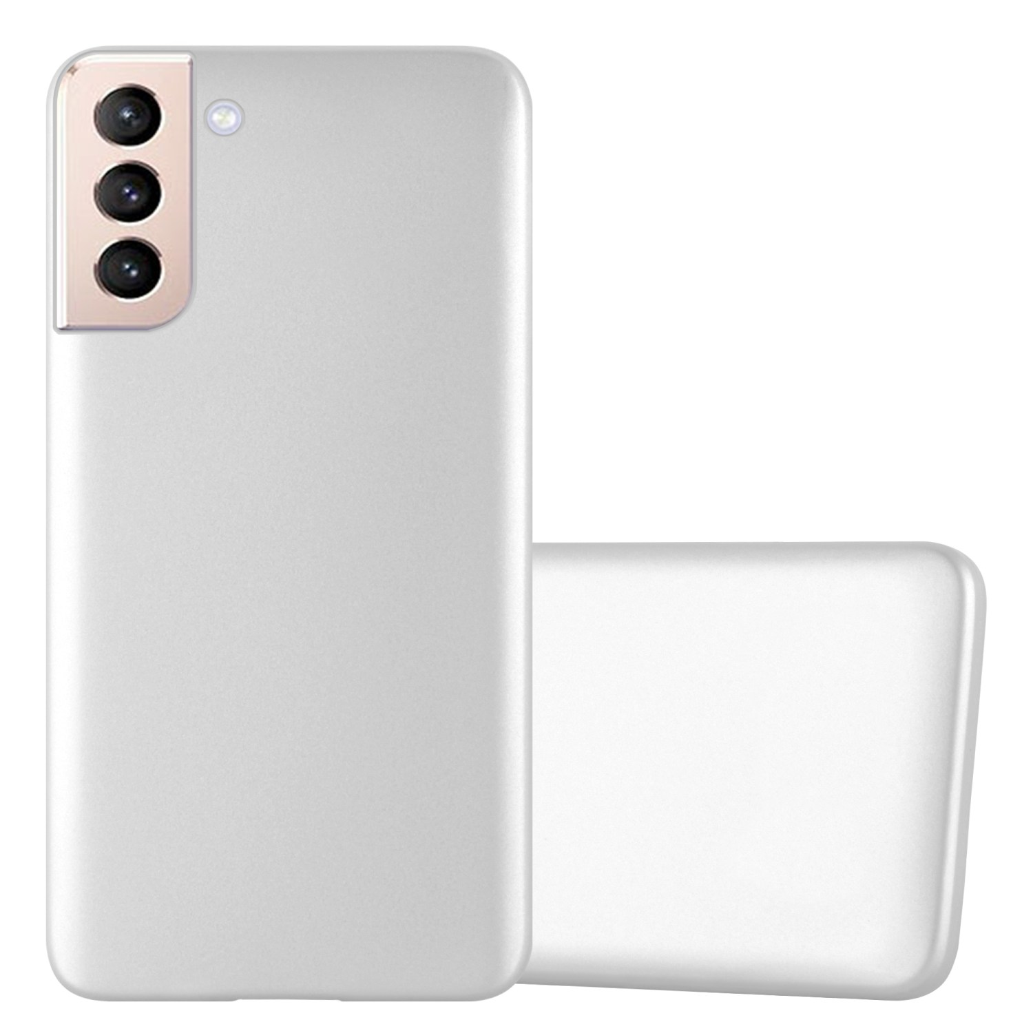Custodia bianca per telefono con dettagli della fotocamera. Seconda custodia dietro. Sfondo bianco.