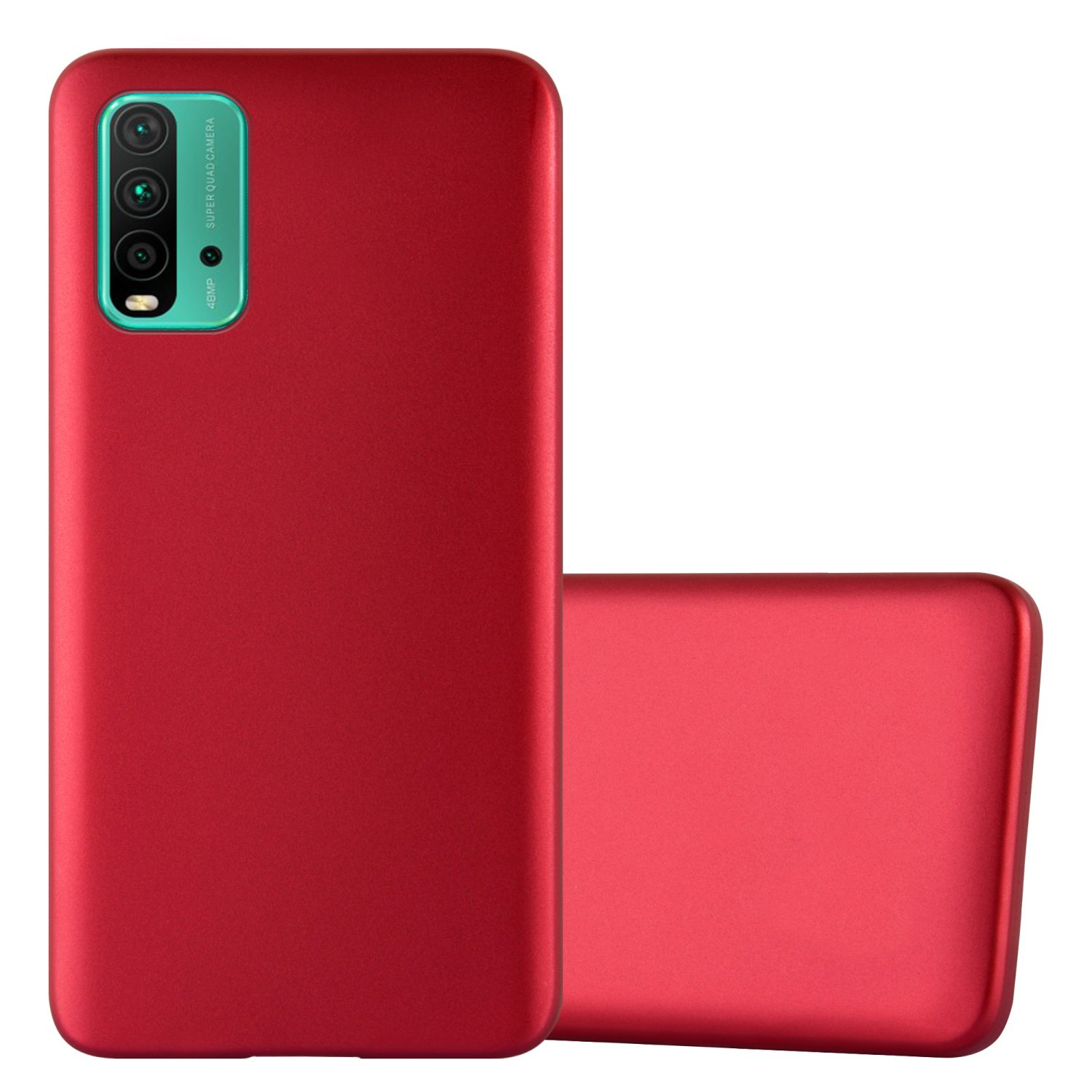 Funda de teléfono roja con un teléfono dentro. Se muestran dos fundas, una encima de la otra.