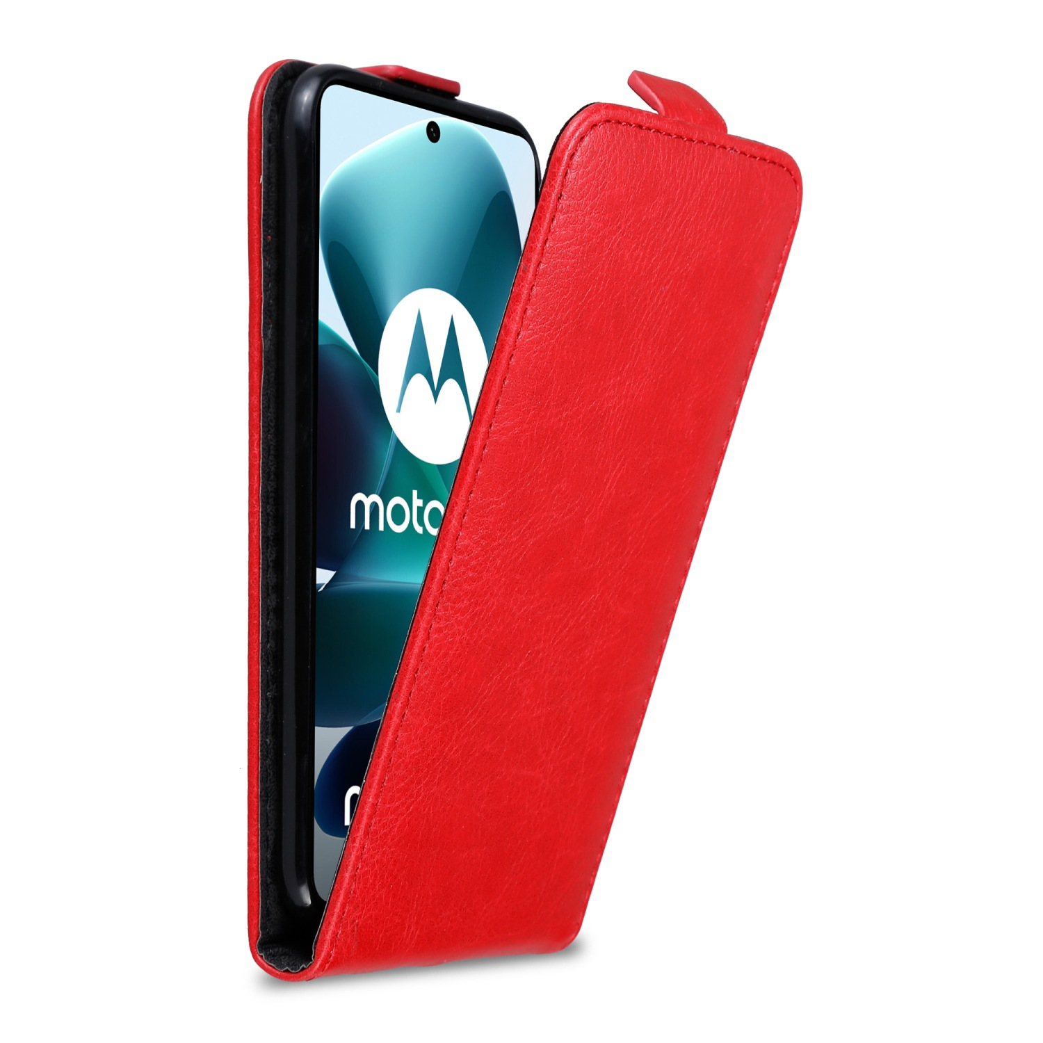 Custodia rossa per telefono, aperta per mostrare lo schermo. La custodia ha coperchio e supporto. Sfondo bianco.