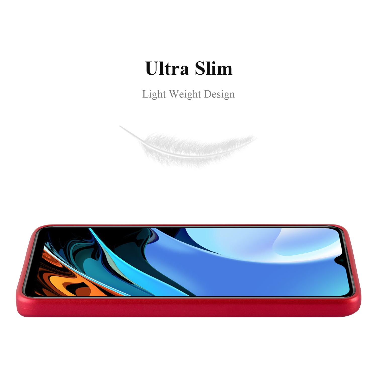 Funda de teléfono roja, mostrando el teléfono. Presenta un diseño ultradelgado y ligero.