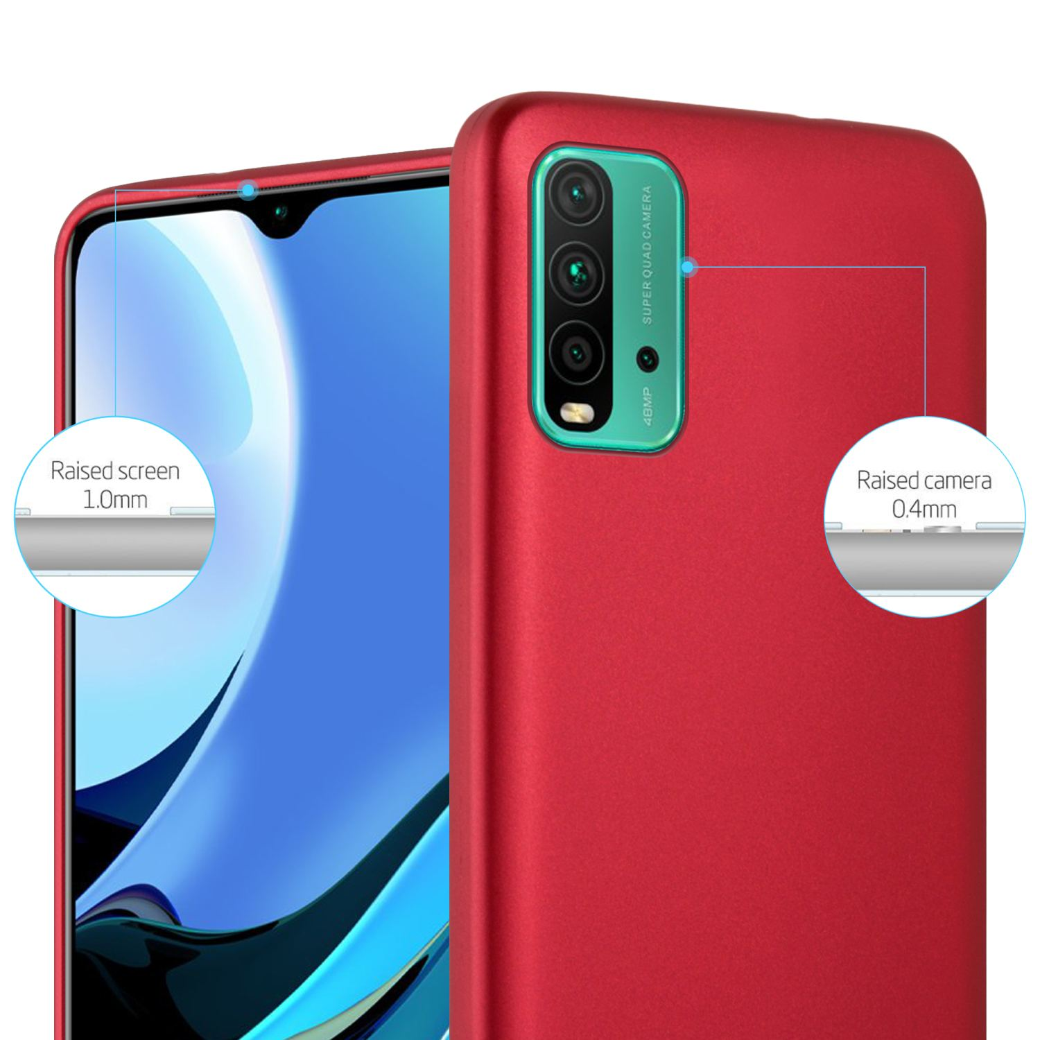 Funda de teléfono turquesa con diseño floral. Texto: 'PROTECCIÓN CONTRA CAÍDAS' en la funda.