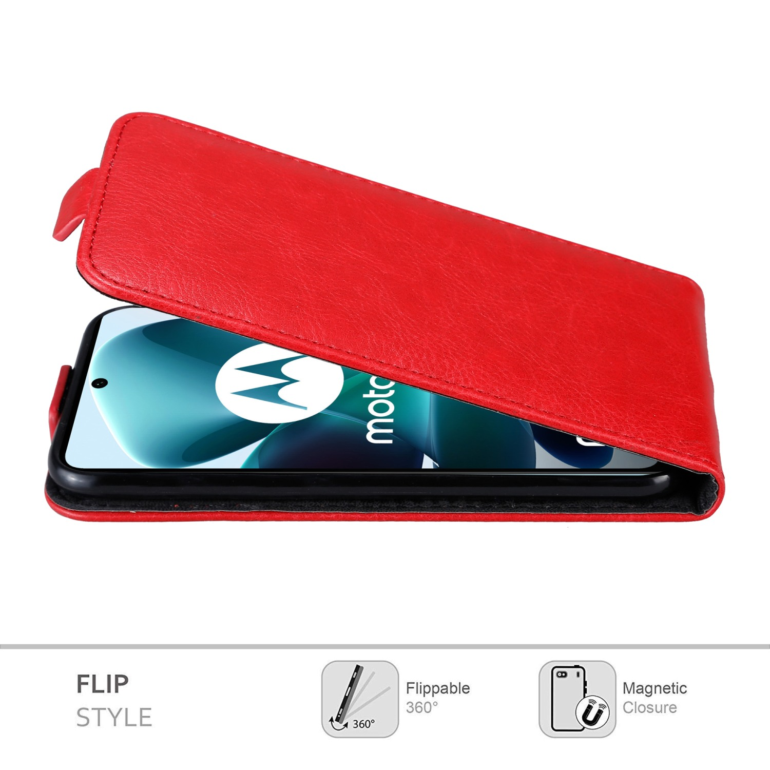 Custodia a flip rossa, aperta, che rivela lo schermo. Icone di flip, 360° e chiusura magnetica.