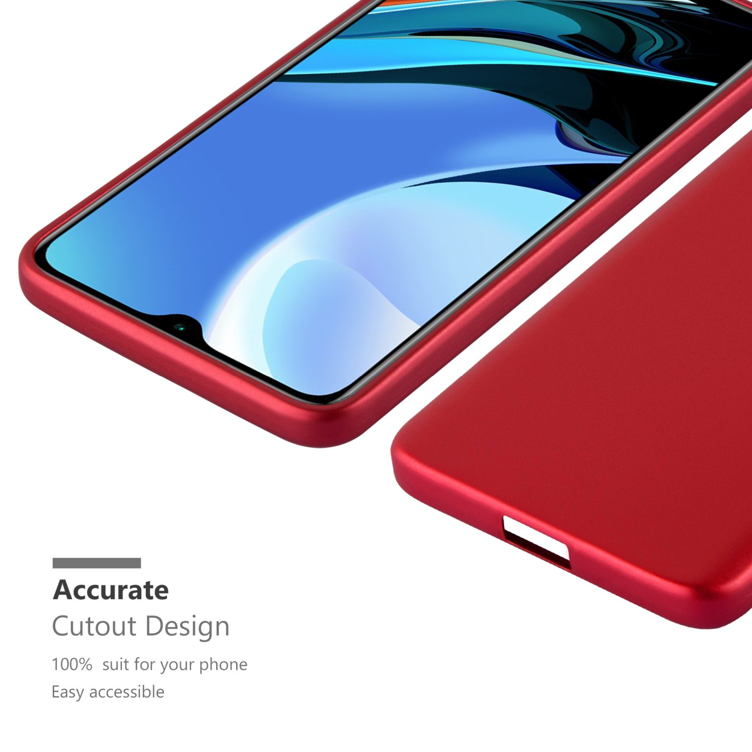 Funda roja con teléfono dentro. Texto: Diseño de recorte preciso. 100% adecuado para tu teléfono. Fácil acceso.