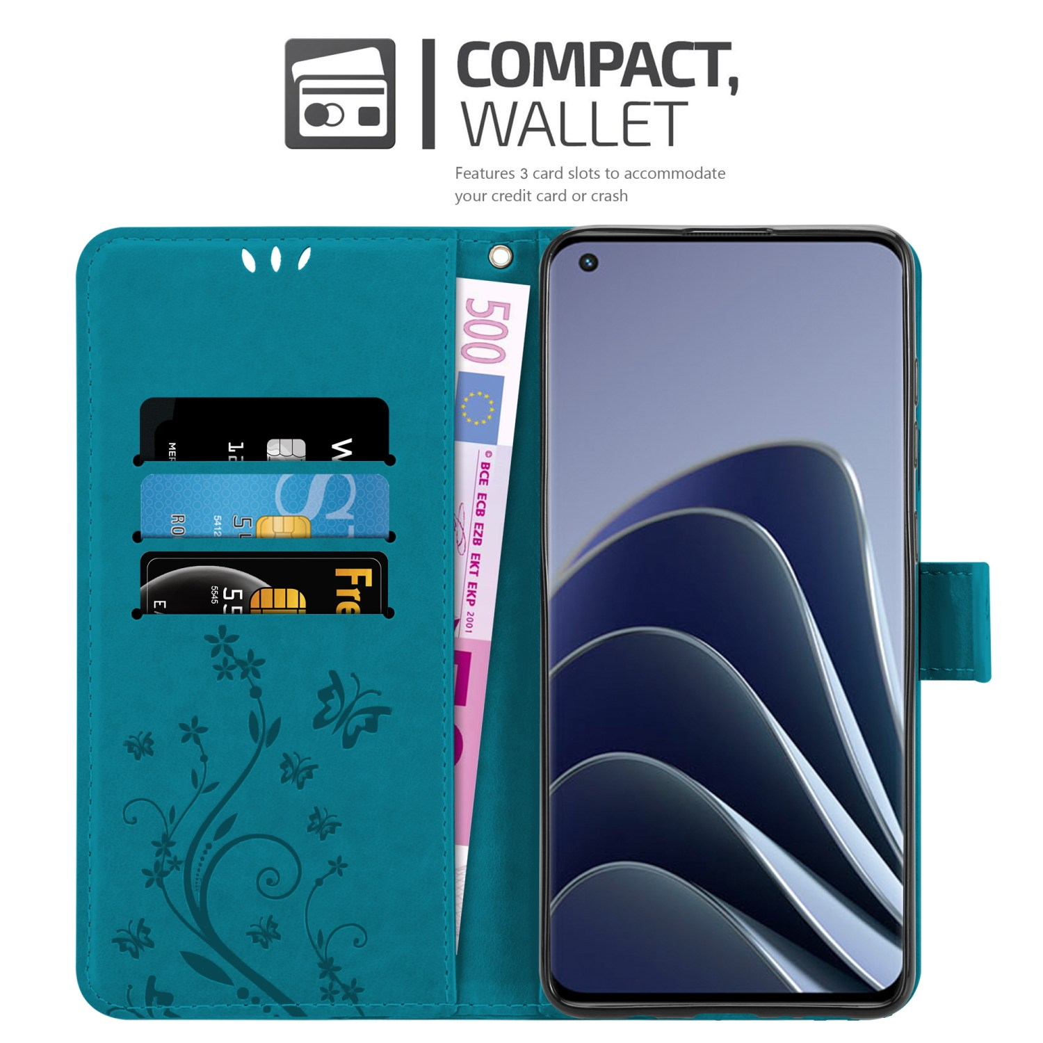 OnePlus, BLAU Bookcover, Hülle Case, FLORAL 5G, Muster PRO Flower CADORABO Blumen 10