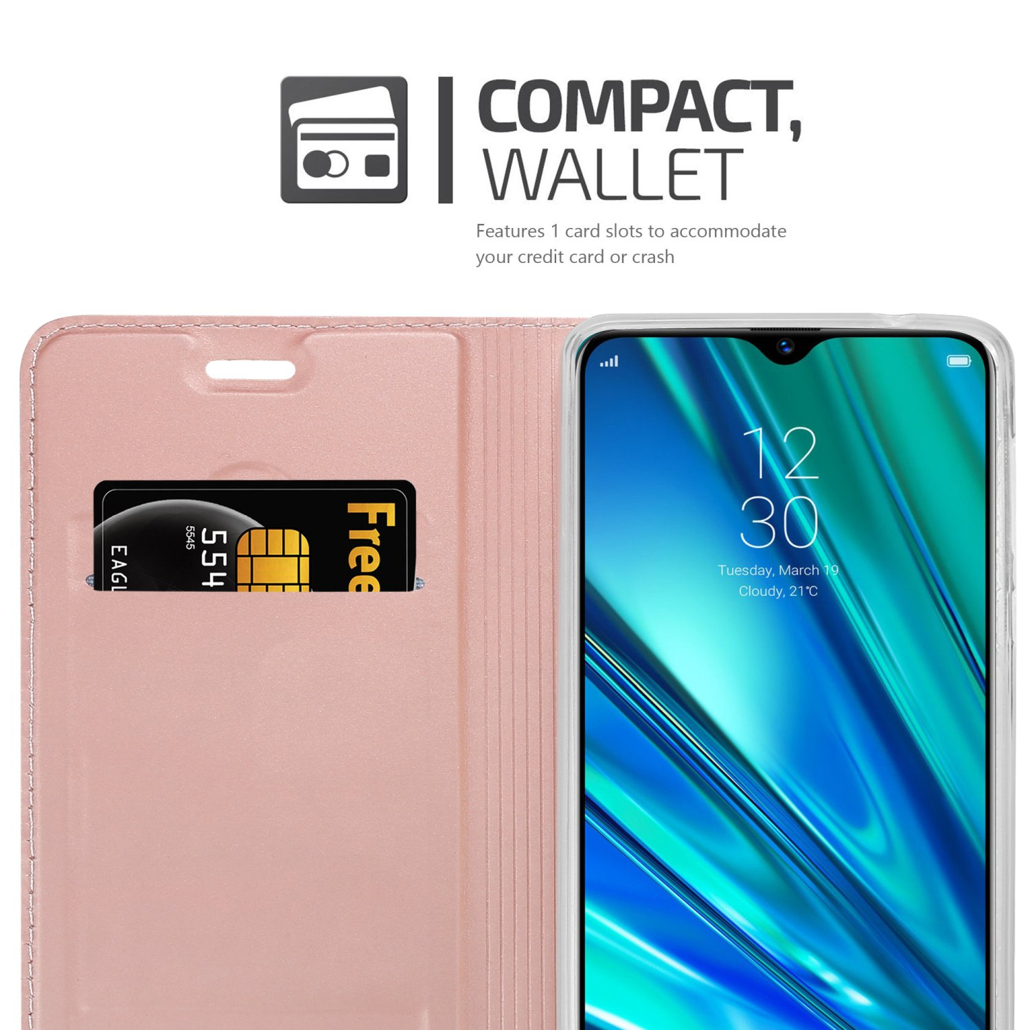 Custodia a portafoglio per telefono con carta e telefono, che mostra carte e ora sullo schermo.