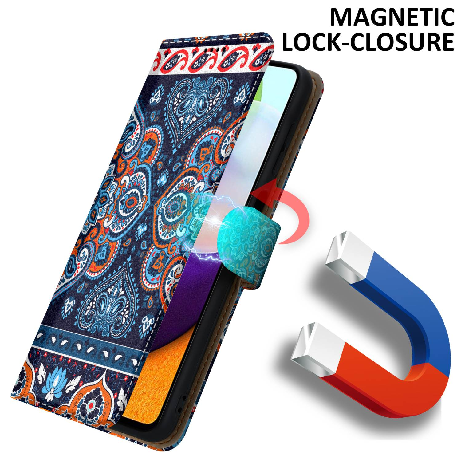 Custodia per telefono con motivo blu e arancione dettagliato, chiusura magnetica e calamita.