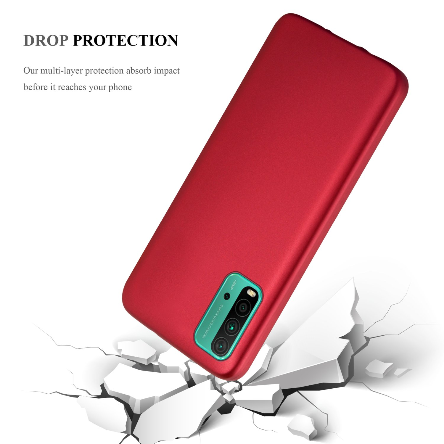 Funda roja para teléfono con cámara, fondo blanco con efecto de grieta. Protección contra caídas.
