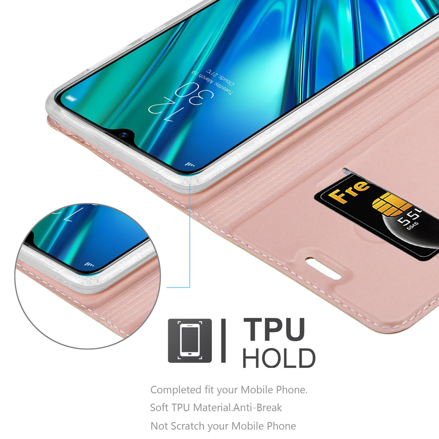 Una custodia per telefono rosa con un design a portafoglio, che tiene un telefono con una carta e denaro all'interno.