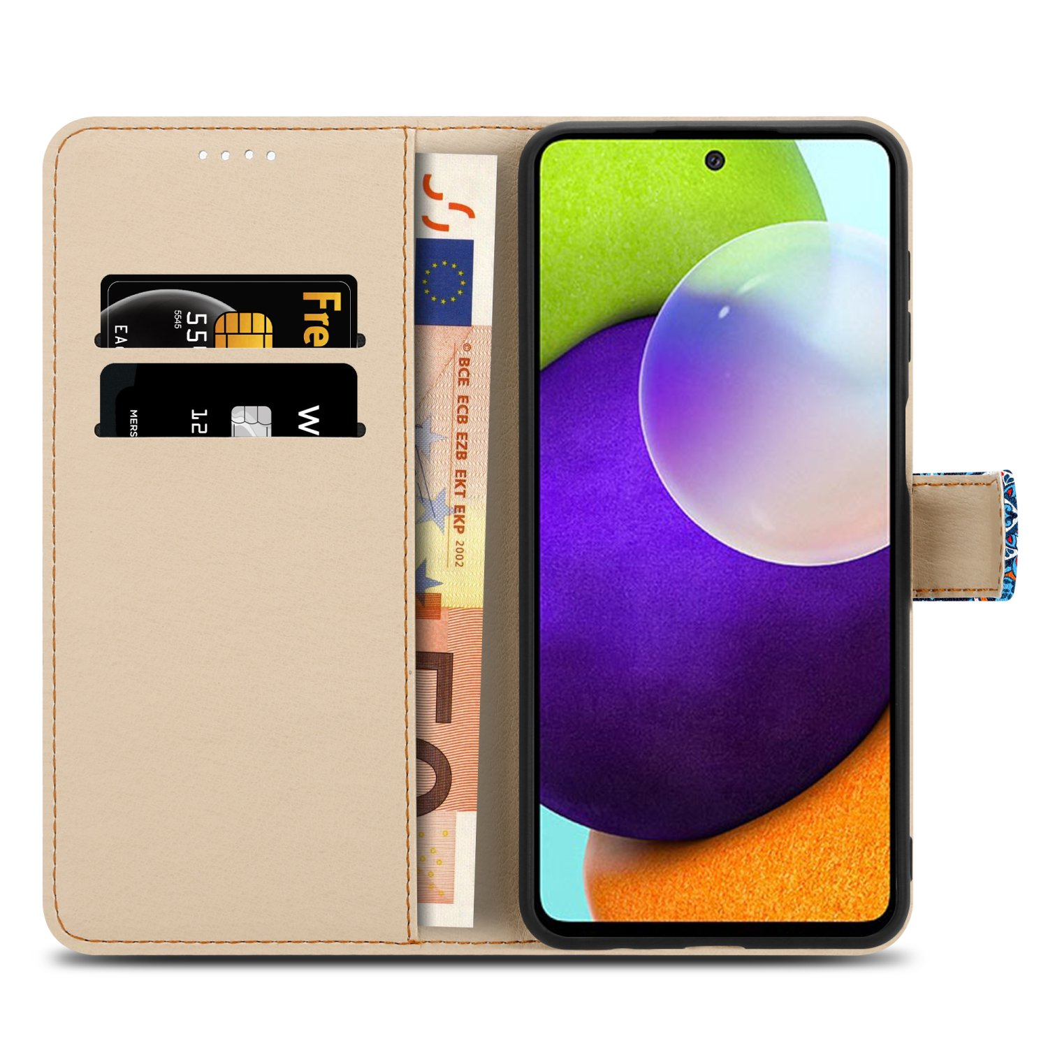 Custodia del telefono aperta con carte e un telefono. Presenta un colore marrone chiaro e un telefono.