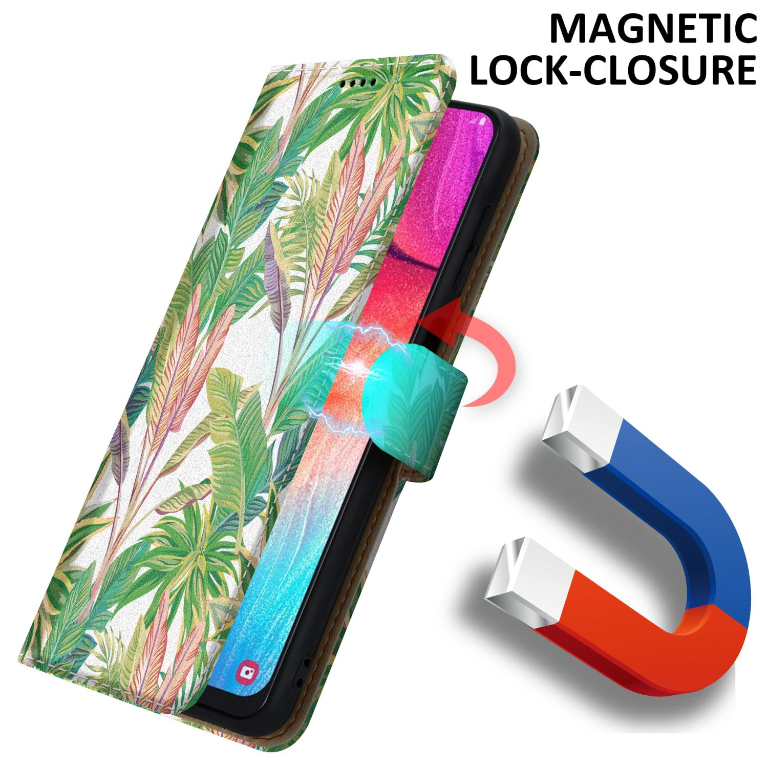 Custodia per telefono con design a piante. La custodia si apre con una chiusura magnetica.