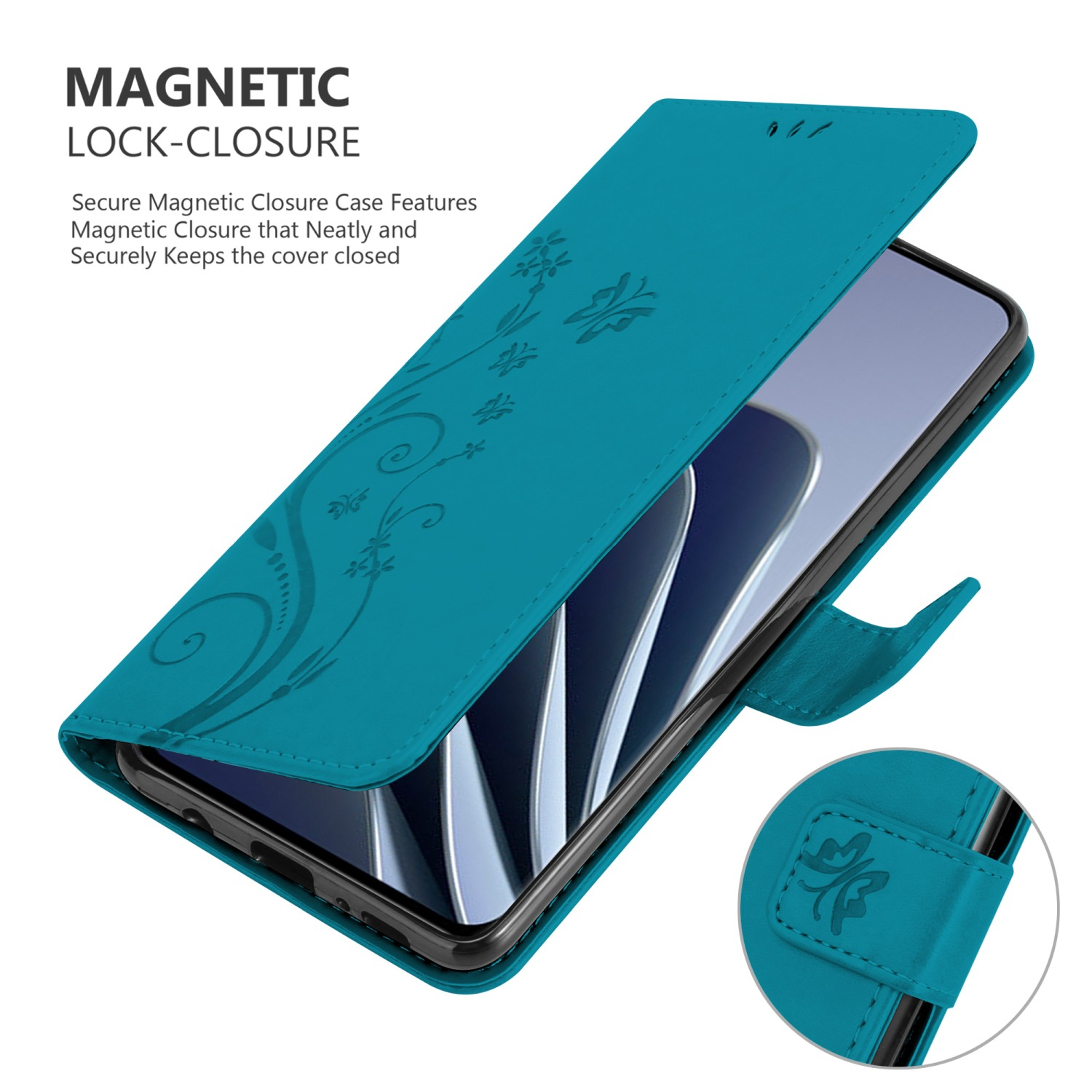 Custodia per telefono turchese aperta, che mostra un telefono, con design floreale e chiusura magnetica.