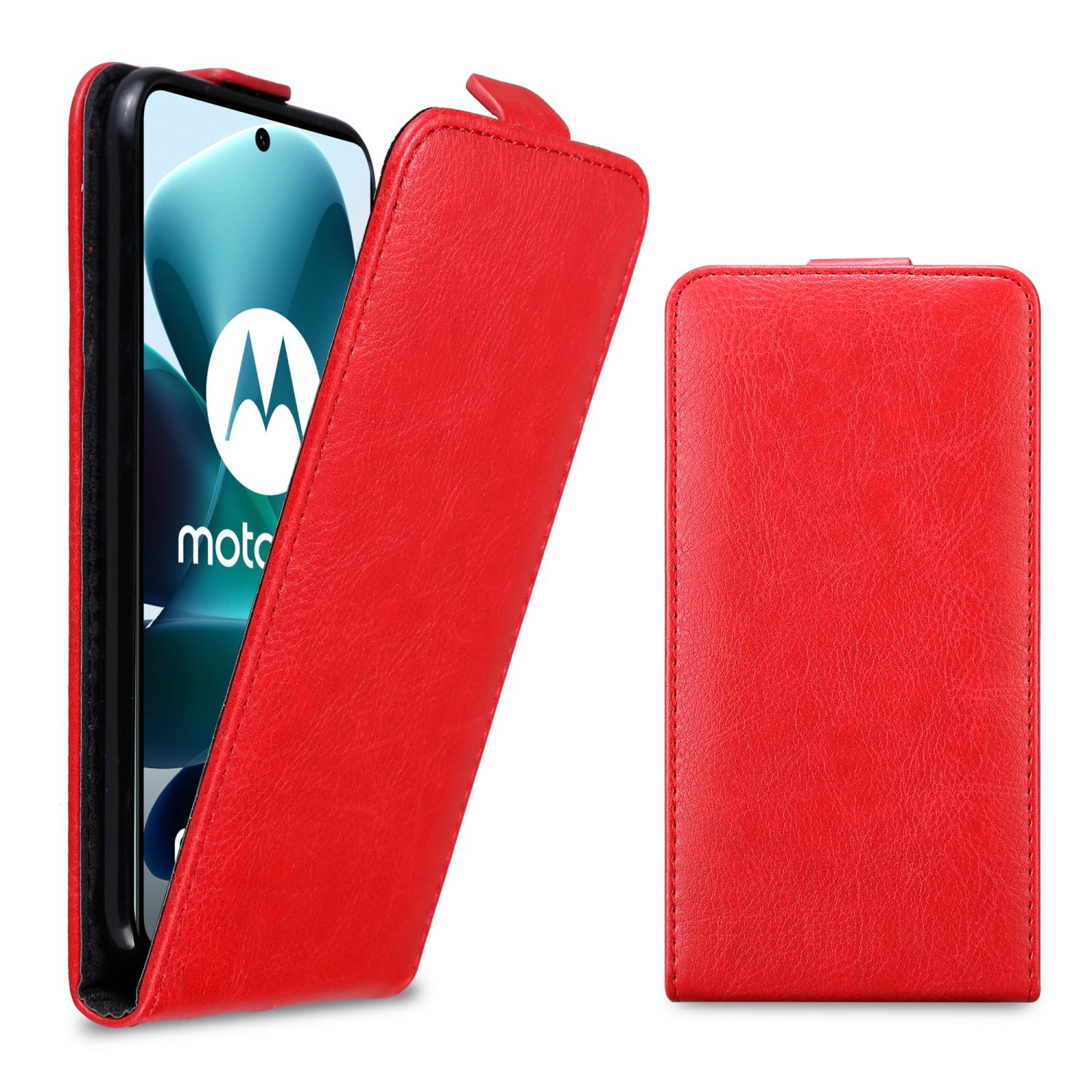 Custodia rossa per telefono, aperta e chiusa, che mostra un telefono. Il telefono ha uno schermo con un logo bianco.
