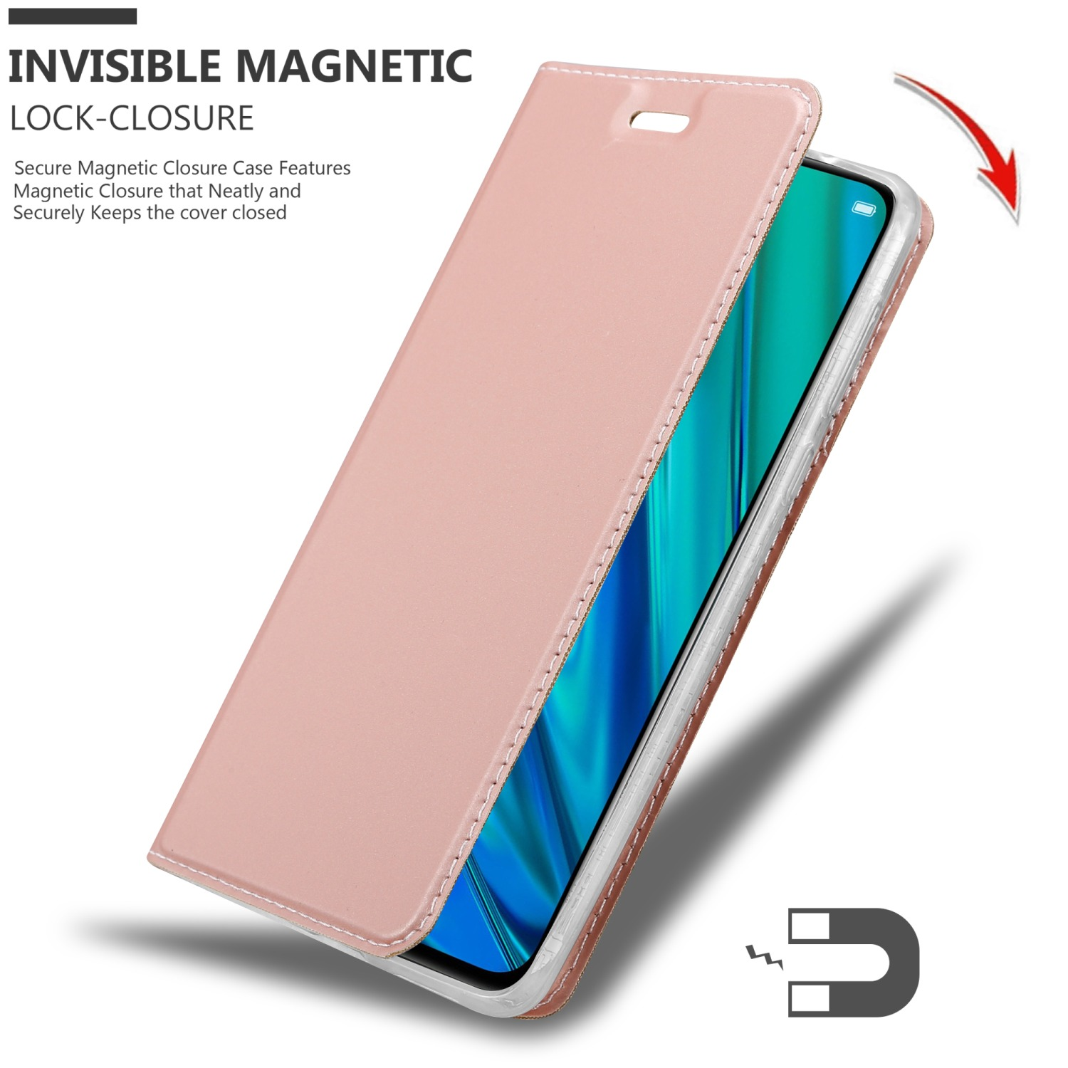 Custodia del telefono rosa che si apre. Testo: 'Chiusura a scatto magnetica invisibile'. Icona magnete.