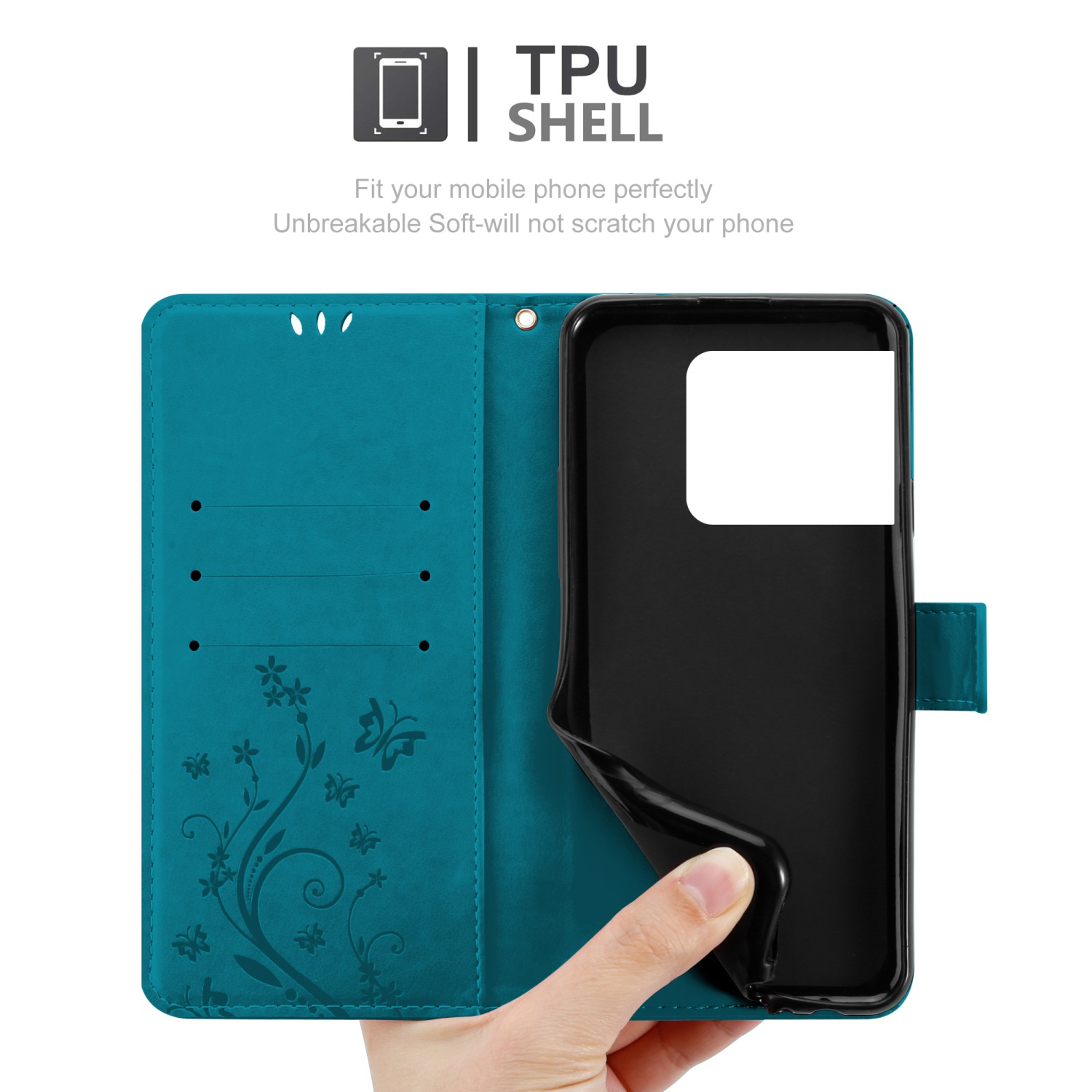 Custodia turchese aperta, che mostra telefono e design floreale. Testo: TPU SHELL.