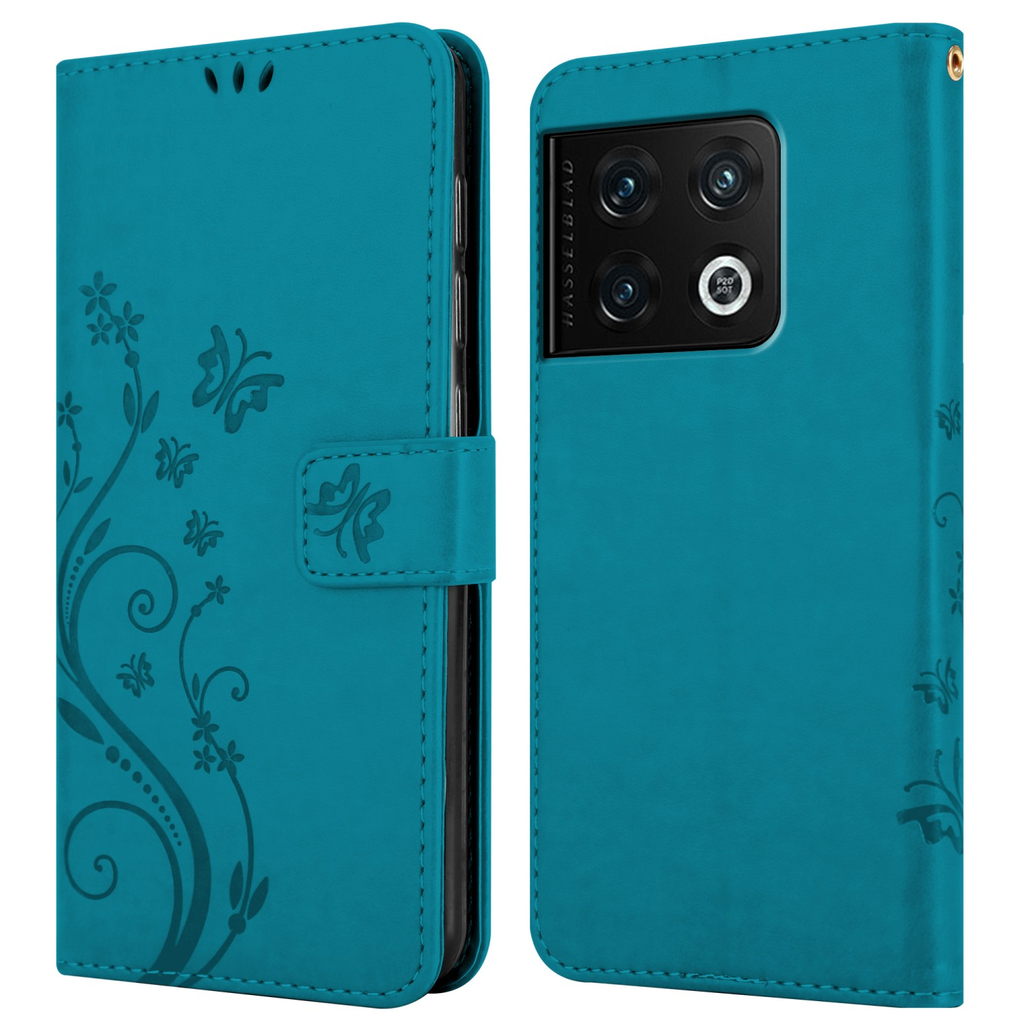 Custodia per telefono color verde acqua con motivi floreali. Il telefono è nero.