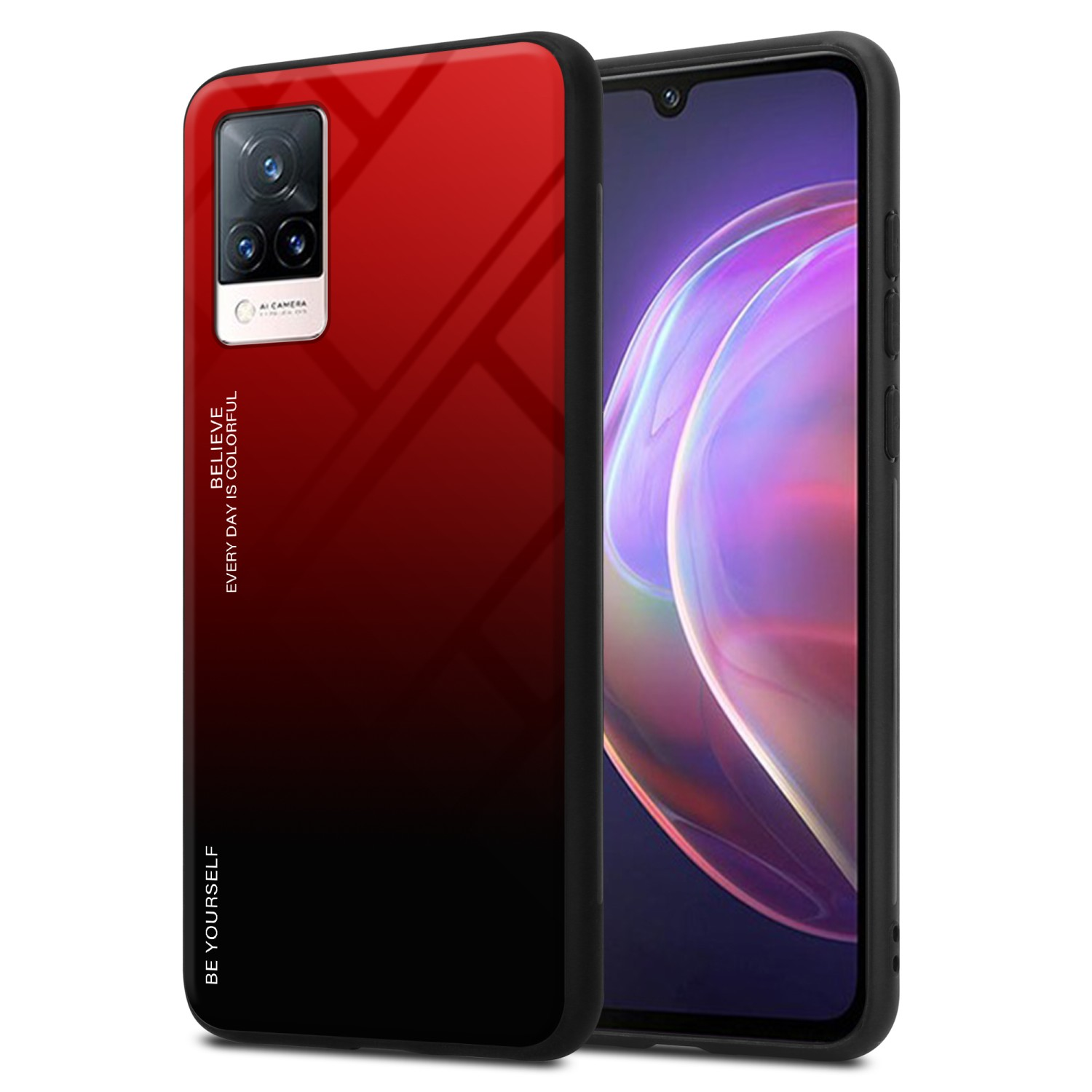Custodia rossa e nera con telefono. Testo bianco sulla custodia.