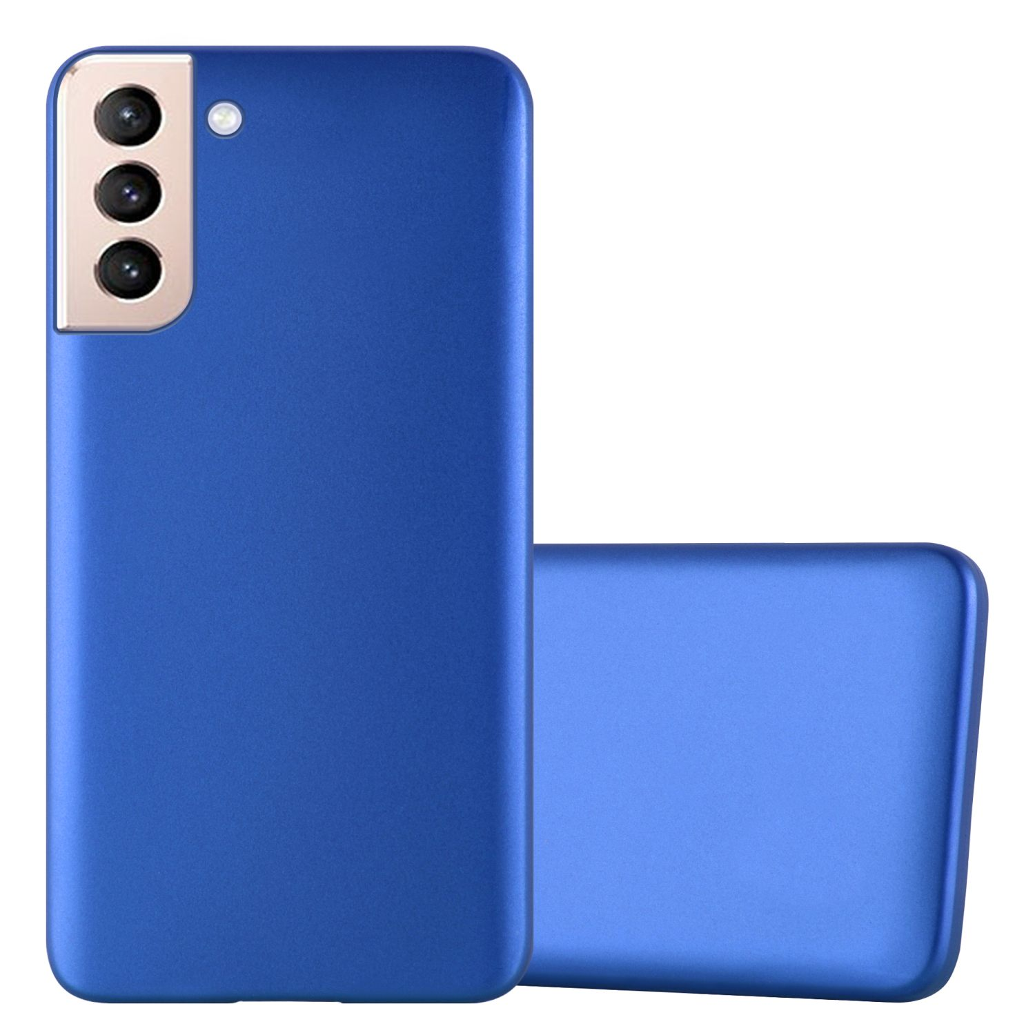 Custodia blu per telefono con tre fotocamere. Un'altra custodia è accanto.