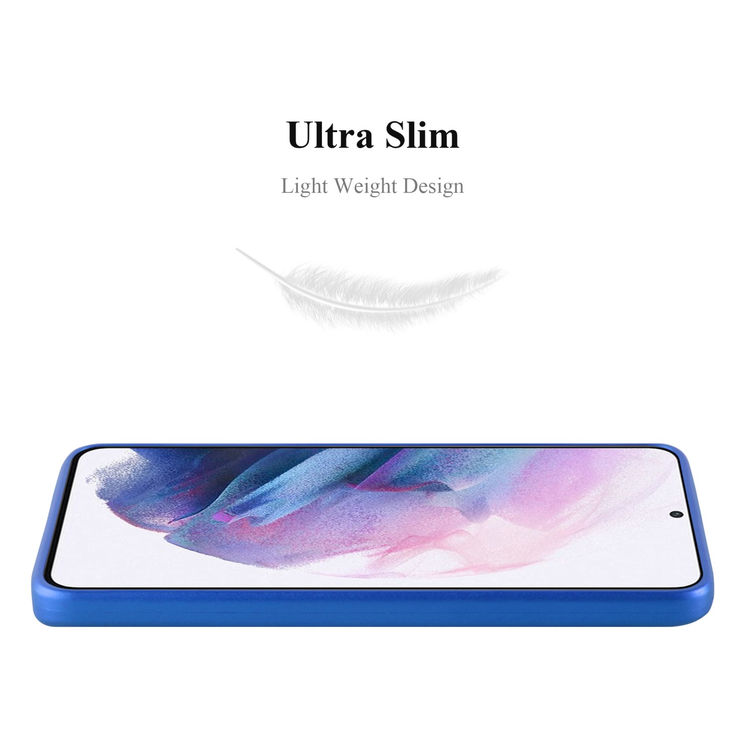 Custodia per telefono blu. Sfondo bianco con una grafica a piuma.